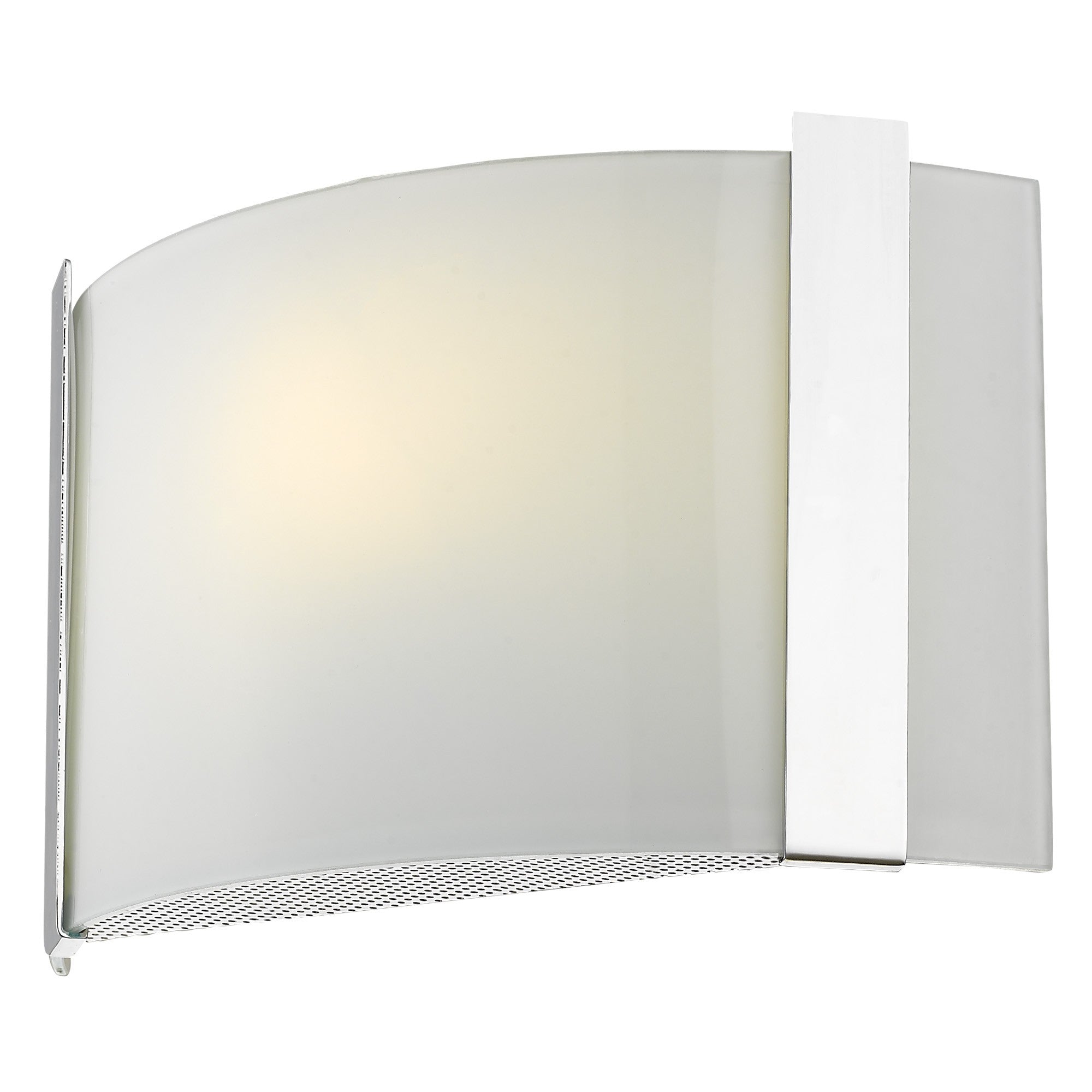 Bottom up front right angle view of the lighted Polished chrome wall sconce with frosted glass shade modern indoor lighting fixture