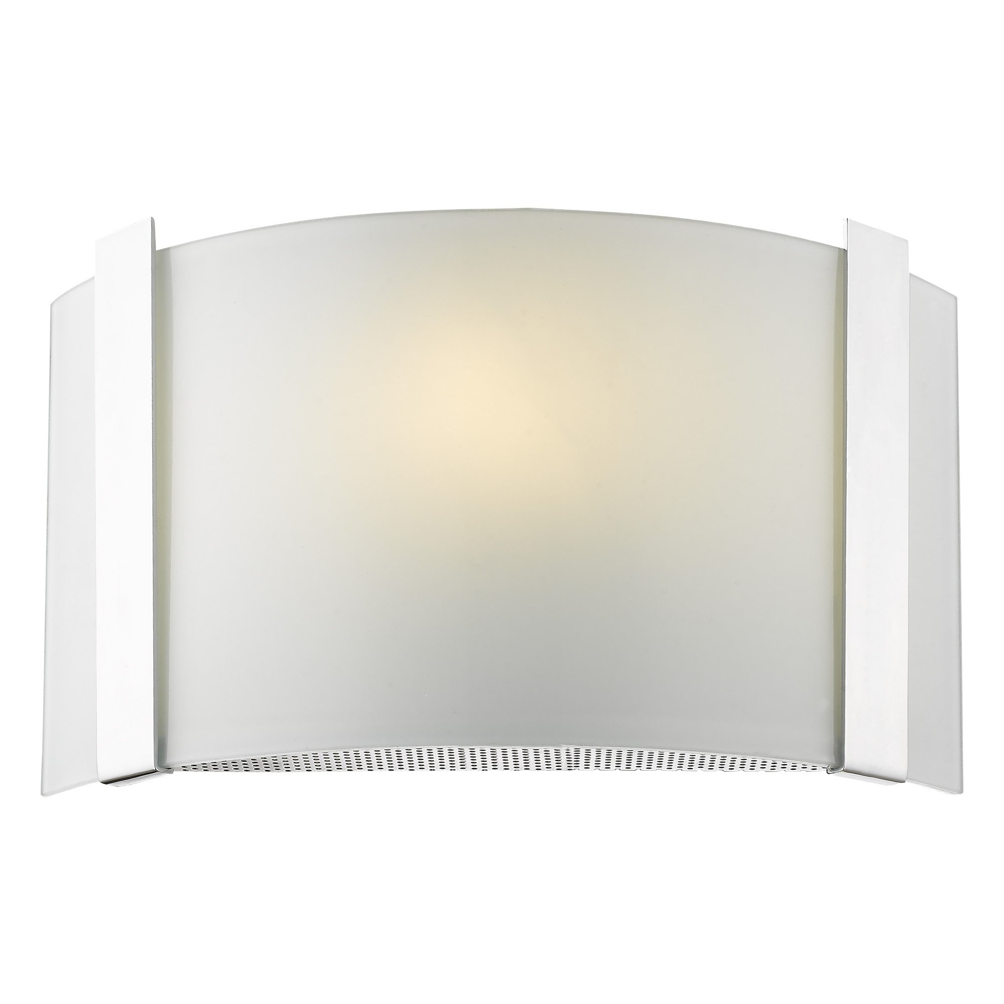 Bottom up front angle view of the lighted Polished chrome wall sconce with frosted glass shade modern indoor lighting fixture