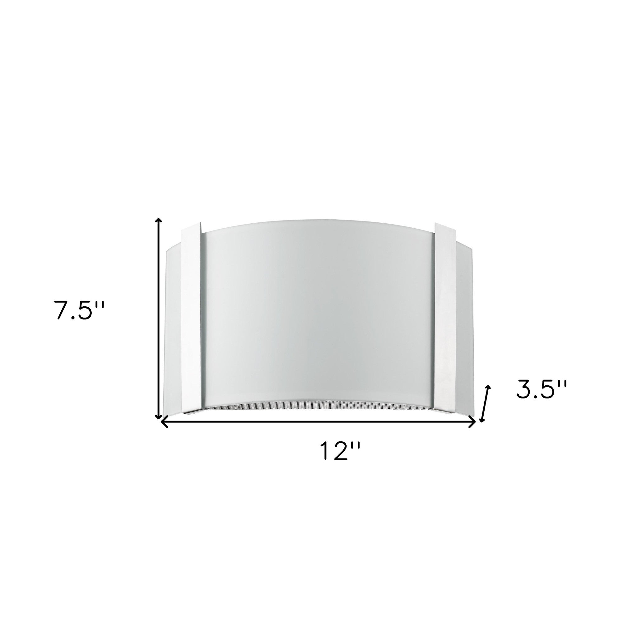 Polished chrome wall sconce with frosted glass shade modern indoor lighting fixture shown with dimensions of 7 point 5 inches high by 12 inches wide by 3 point 5 inches deep