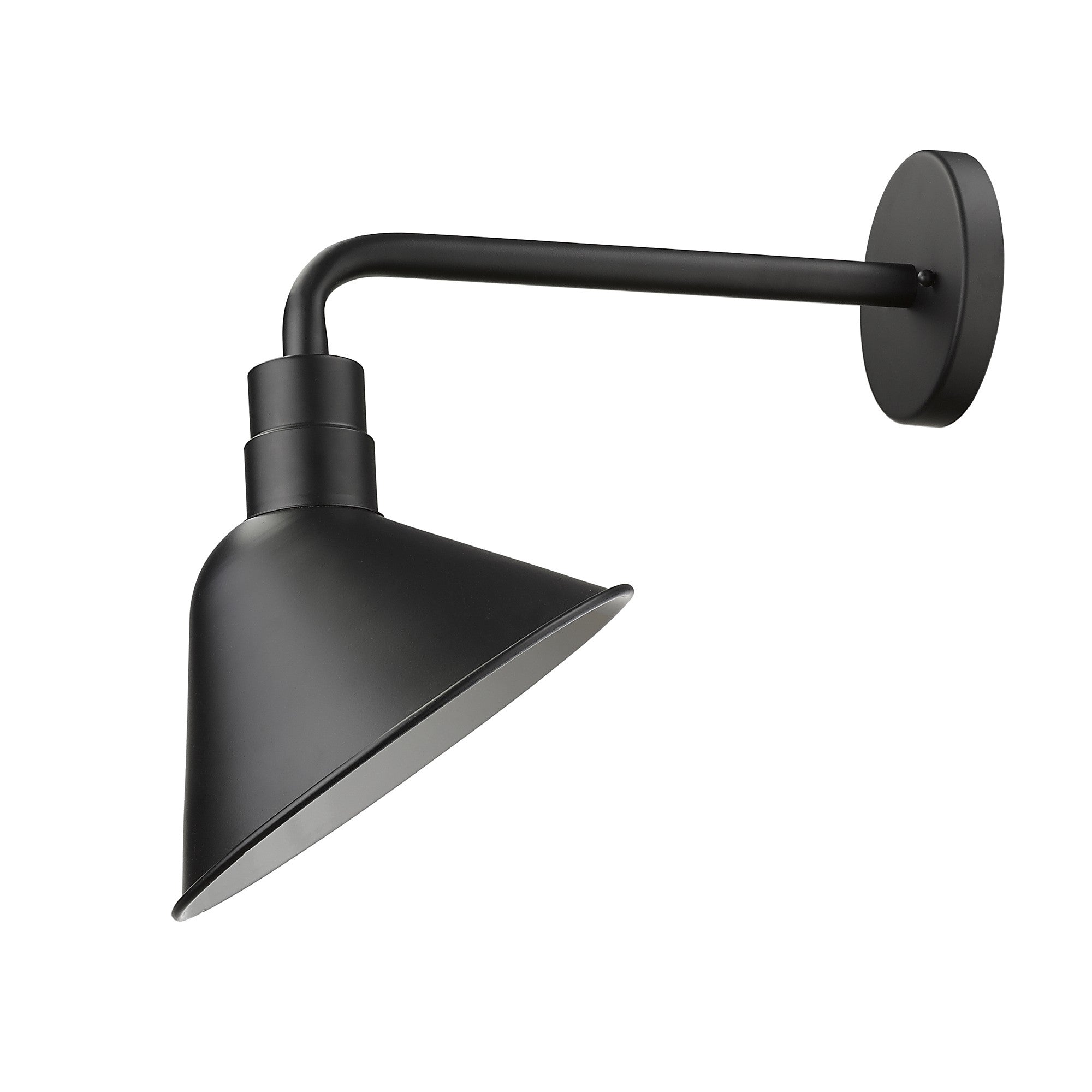 Front right angle view of the Fuller 1-bulb matte black gooseneck wall light with angled barn-style shade for indoor or outdoor farmhouse lighting