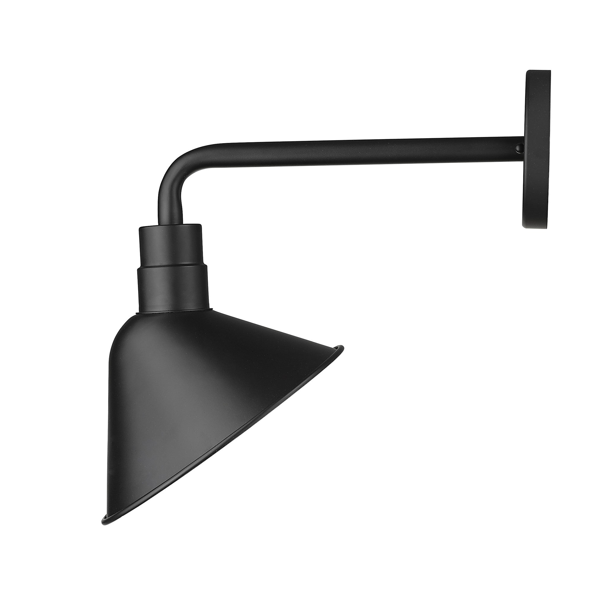 Side view of the Fuller 1-bulb matte black gooseneck wall light with angled barn-style shade for indoor or outdoor farmhouse lighting