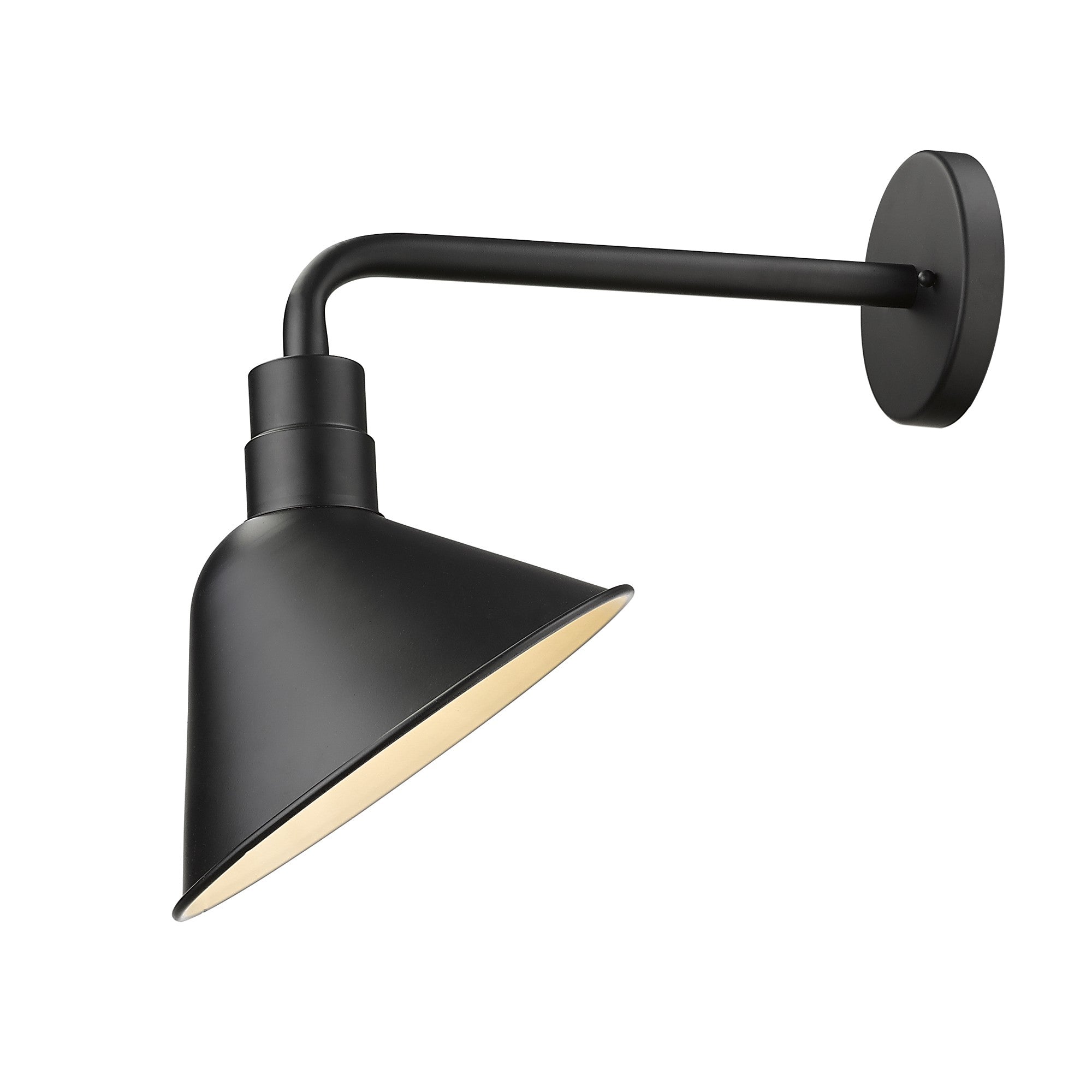 Side view of the lighted Fuller 1-bulb matte black gooseneck wall light with angled barn-style shade for indoor or outdoor farmhouse lighting