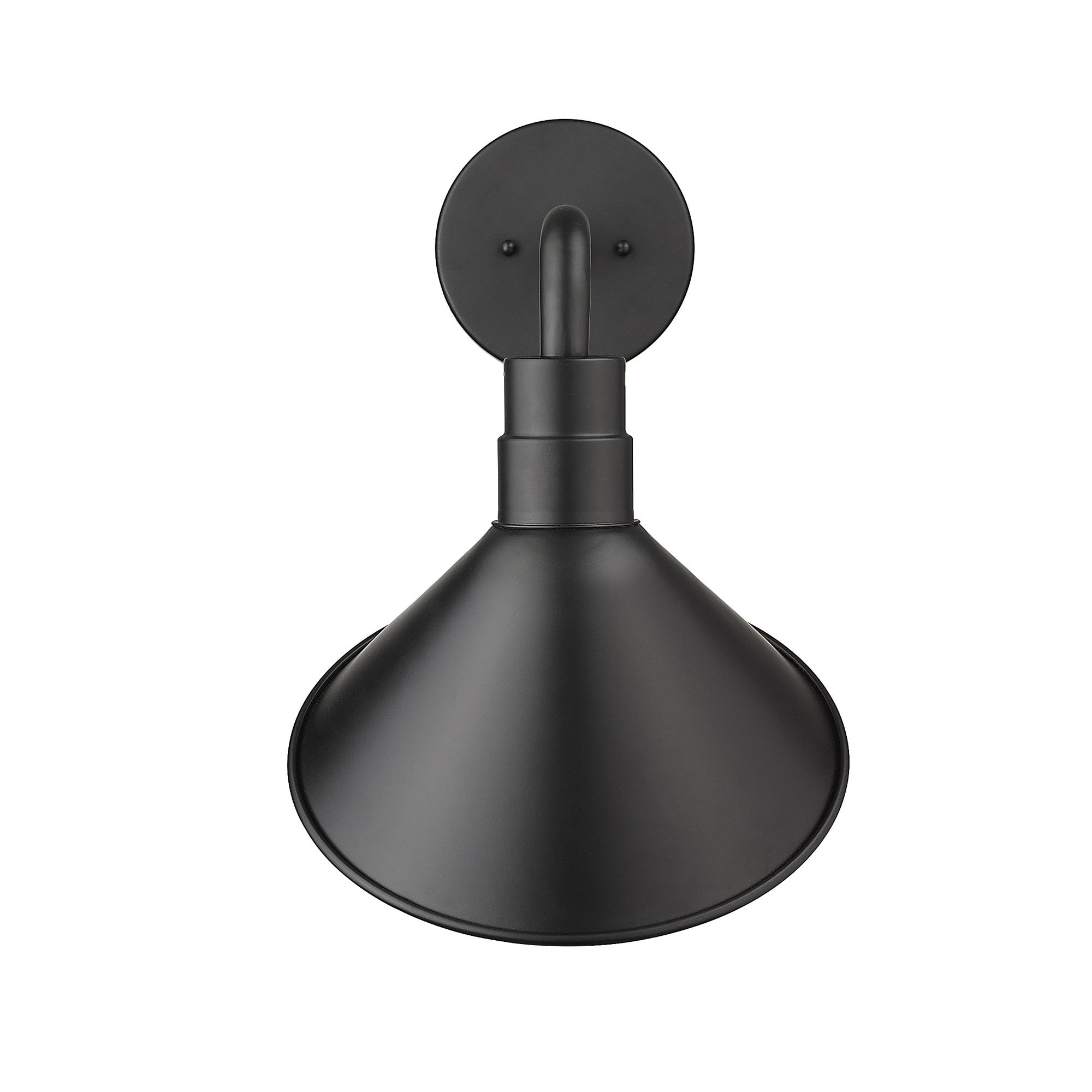 Front view of the Fuller 1-bulb matte black gooseneck wall light with angled barn-style shade for indoor or outdoor farmhouse lighting
