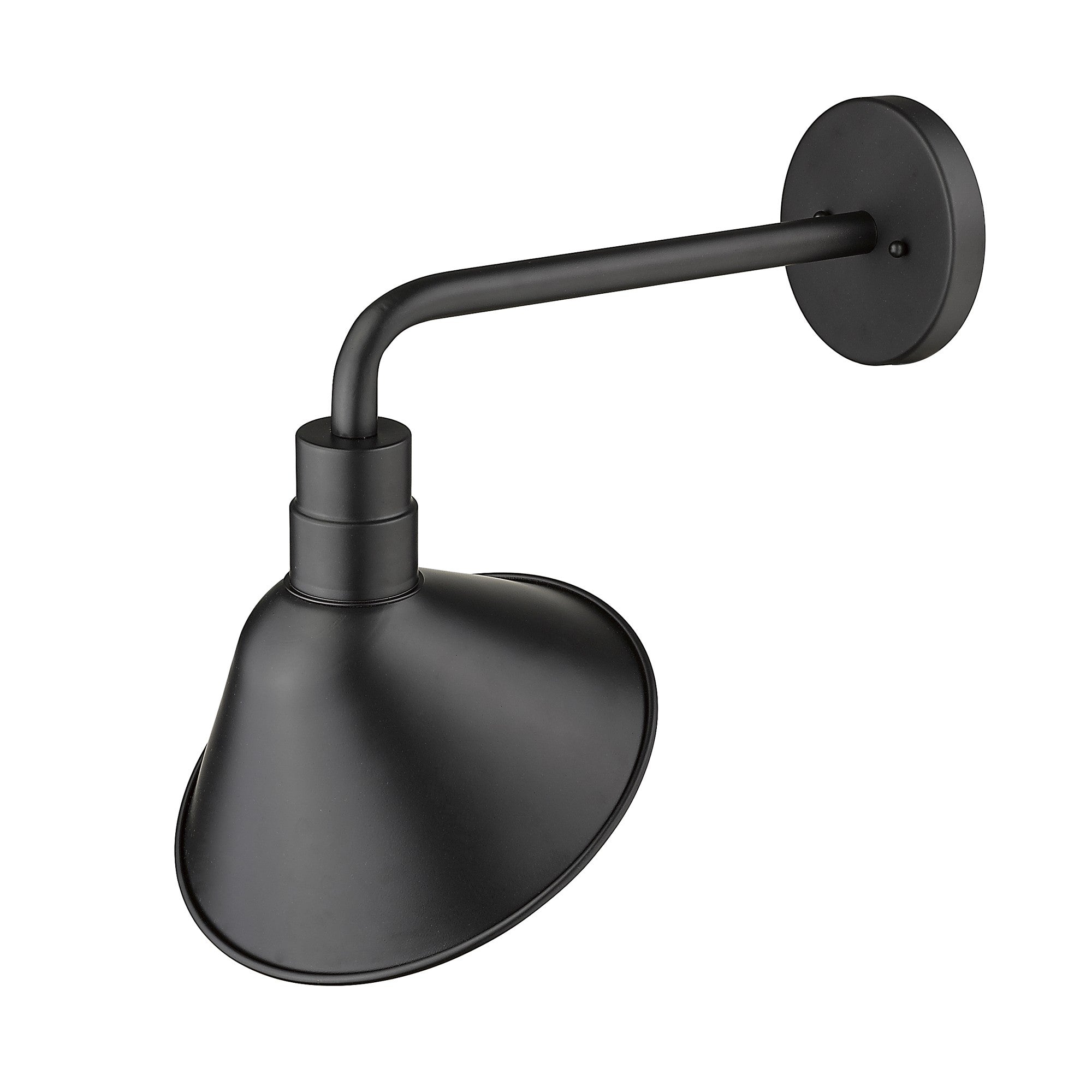 Bottom down right angle view of the Fuller 1-bulb matte black gooseneck wall light with angled barn-style shade for indoor or outdoor farmhouse lighting