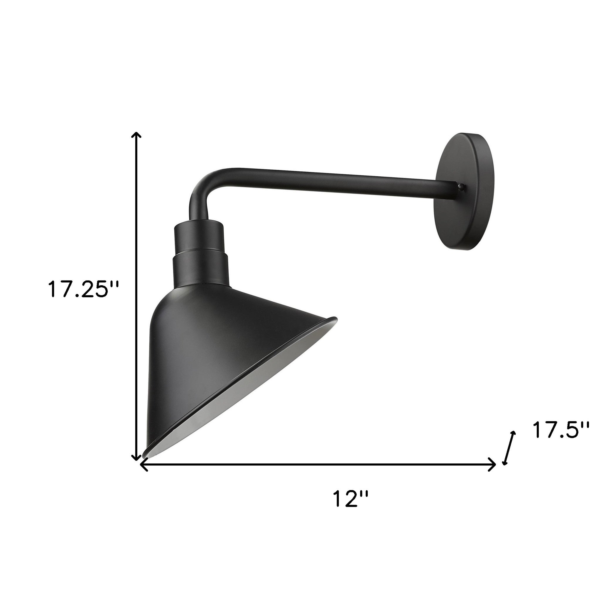 Fuller 1-bulb matte black gooseneck wall light with angled barn-style shade for indoor or outdoor farmhouse lighting shown with dimensions of 17 point 25 inches high by 12 inches wide by 17 point 5 inches deep