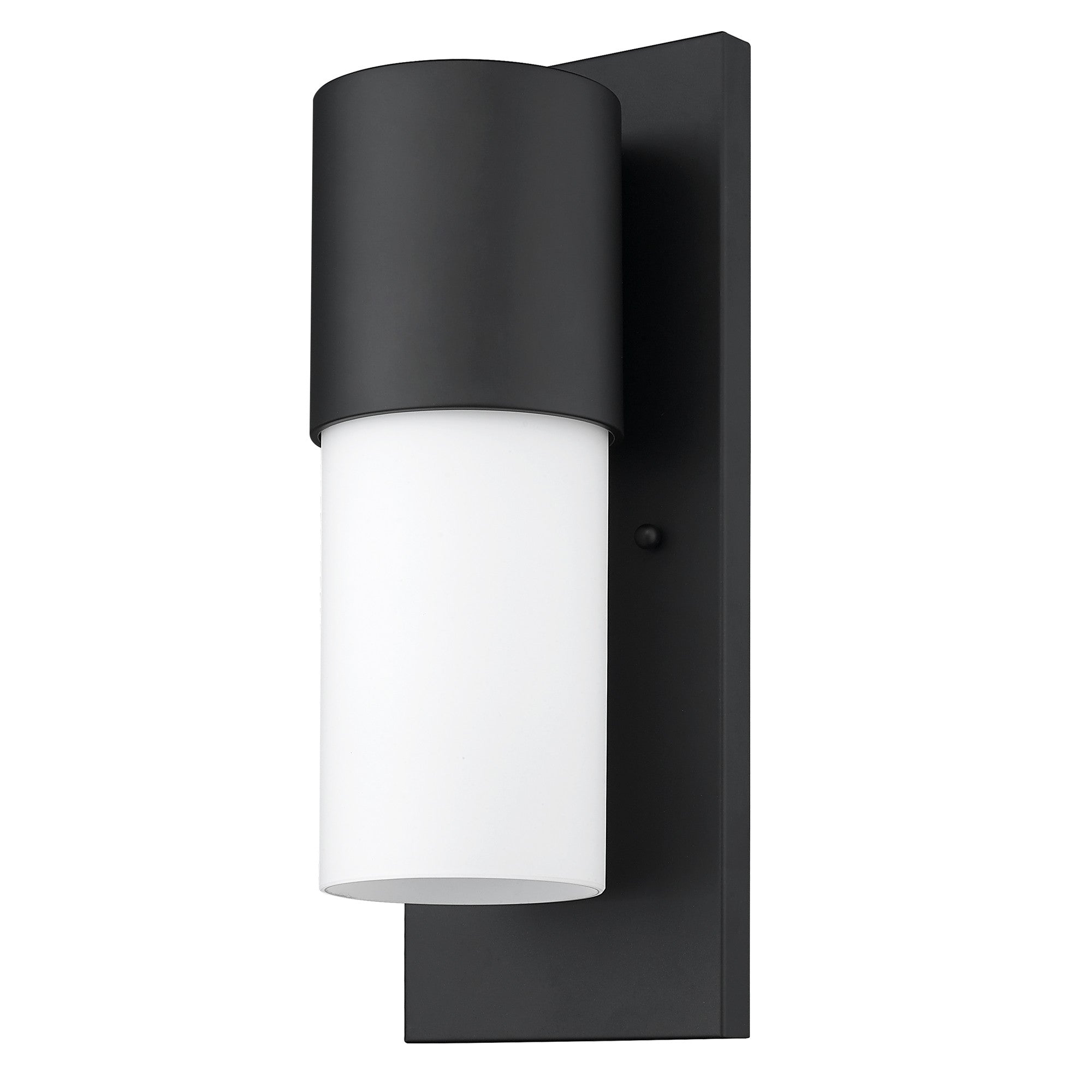 Front right side angle view of the Contemporary matte black and white wall light – modern indoor outdoor cylinder sconce with frosted glass shade