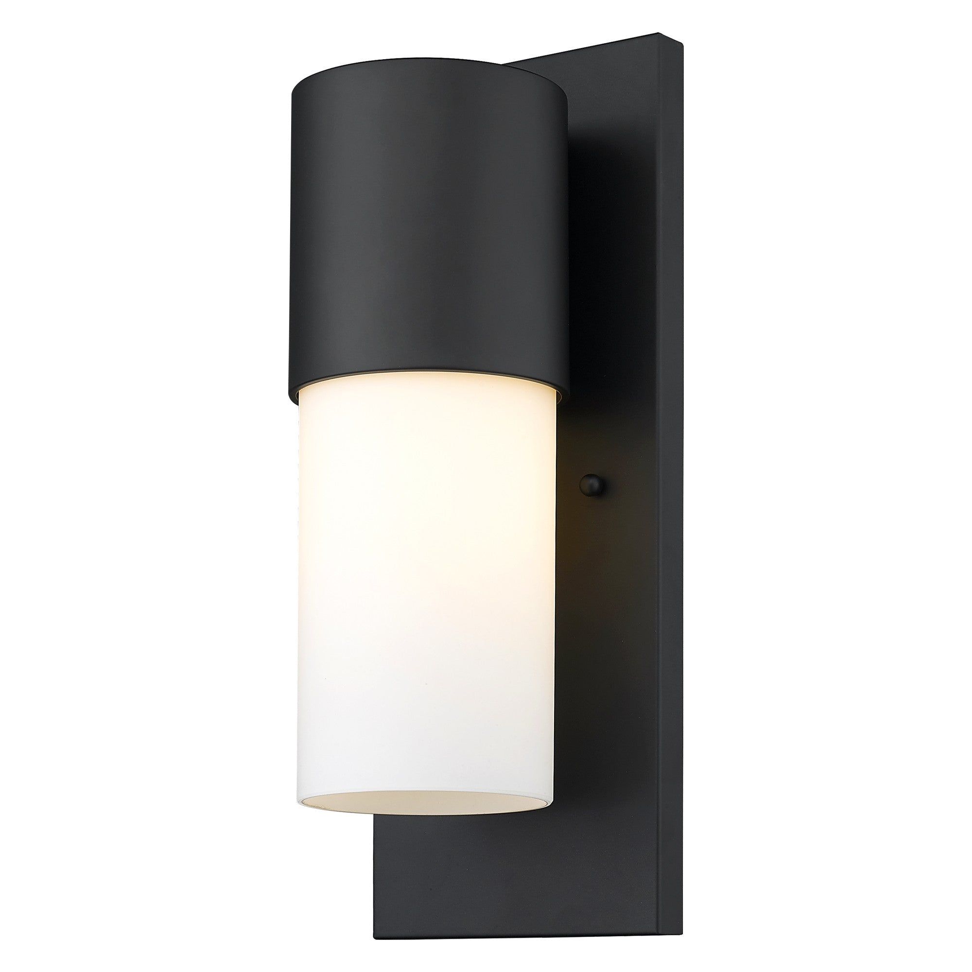Front right side angle view of the lighted Contemporary matte black and white wall light – modern indoor outdoor cylinder sconce with frosted glass shade