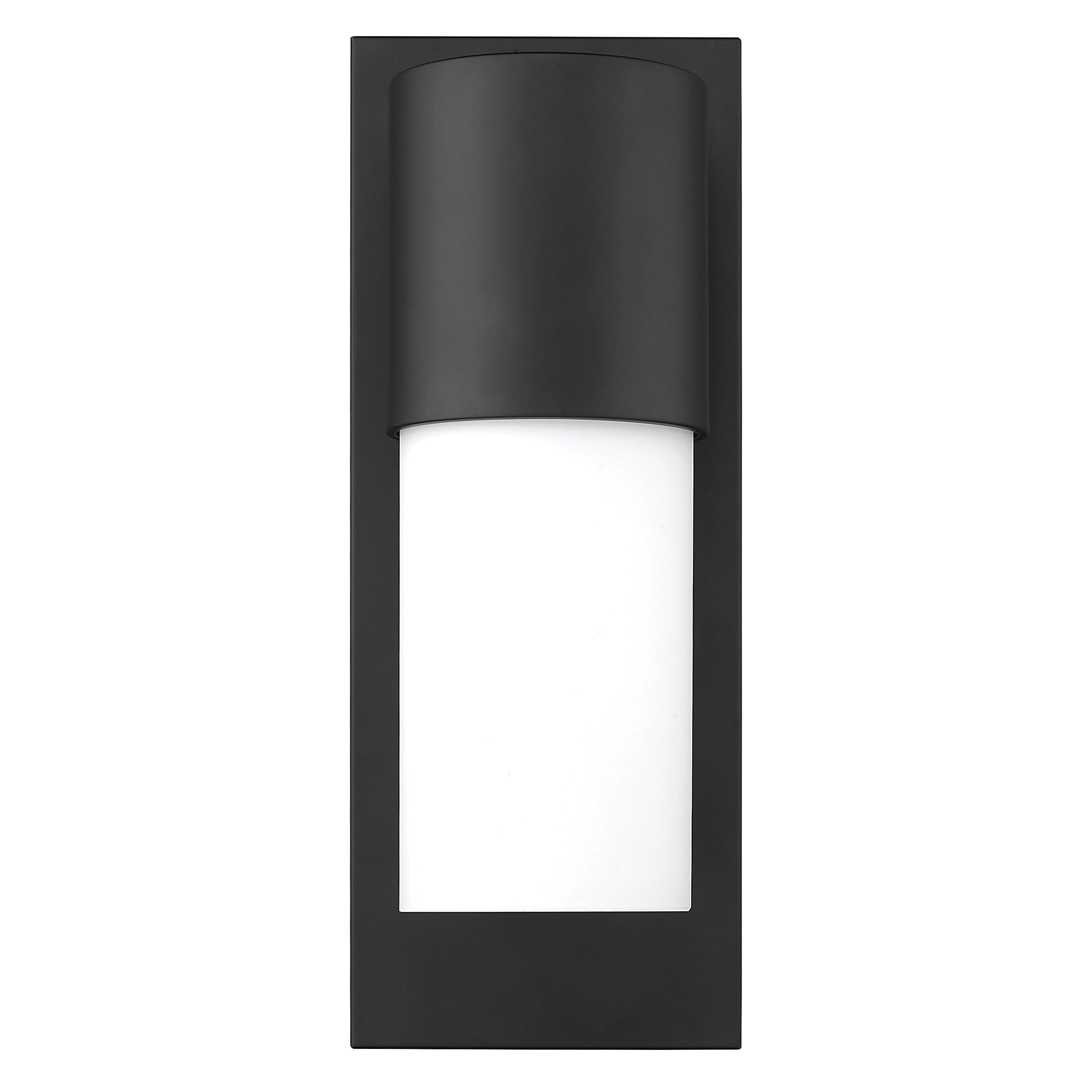 Front view of the Contemporary matte black and white wall light – modern indoor outdoor cylinder sconce with frosted glass shade