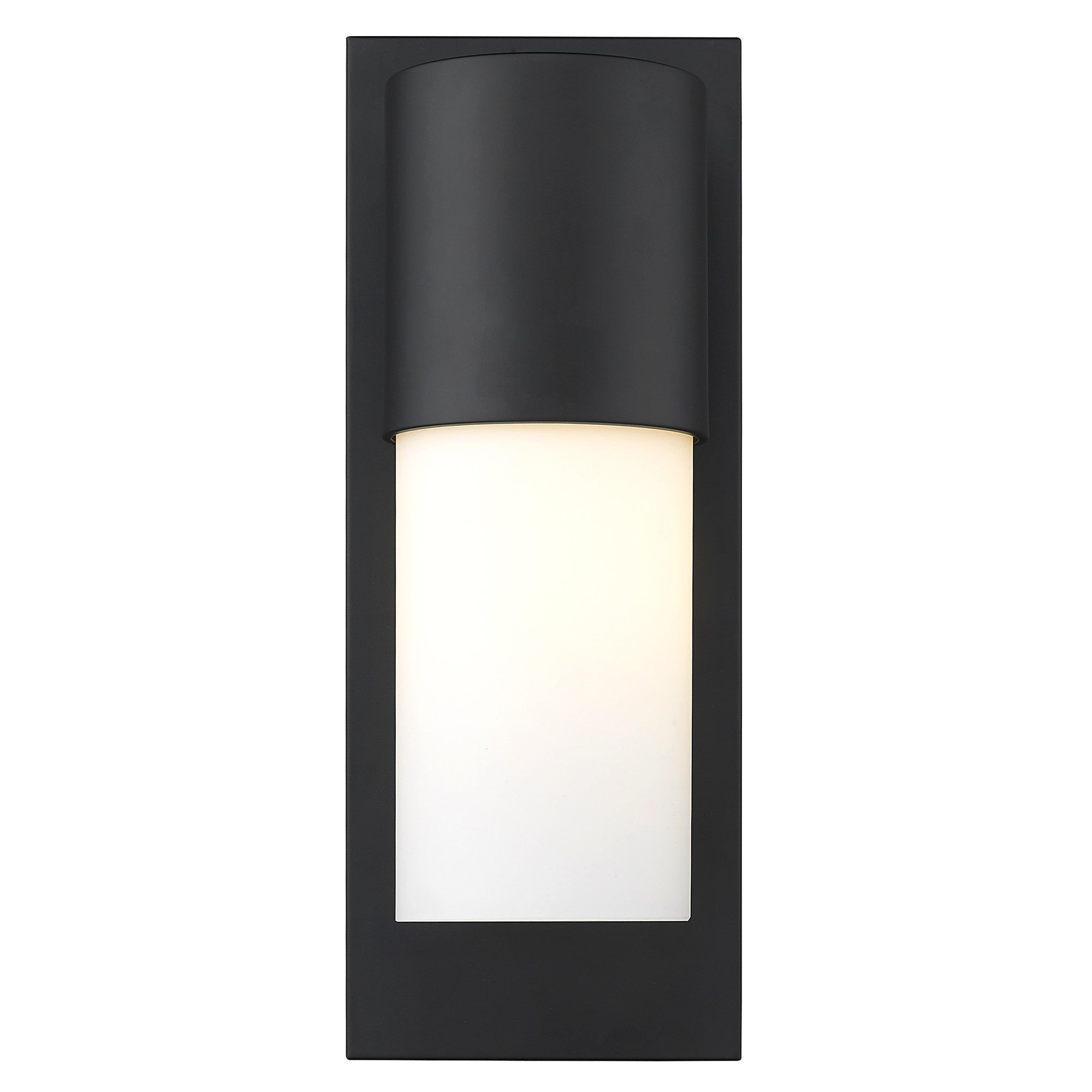 Front view of the lighted Contemporary matte black and white wall light – modern indoor outdoor cylinder sconce with frosted glass shade