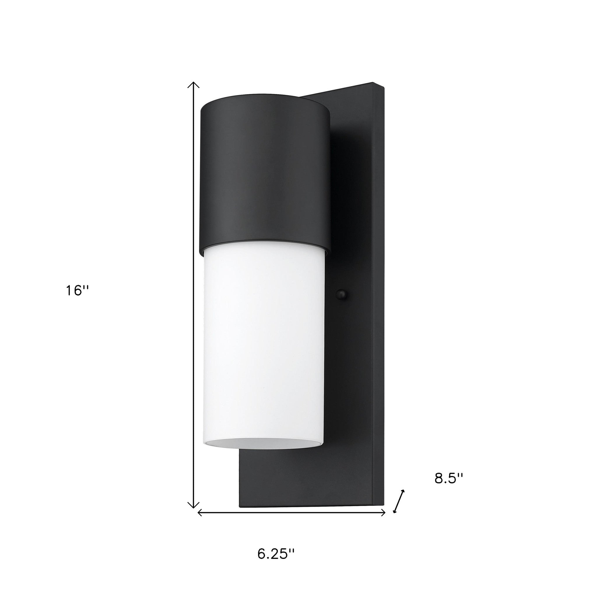 Contemporary matte black and white wall light – modern indoor outdoor cylinder sconce with frosted glass shade shown with dimensions of 16 inches high by 6 point 25 inches wide by 8 point 5 inches deep
