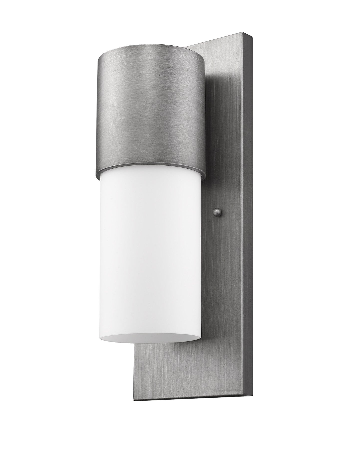 Front and right side angle view of the Contemporary brushed silver and white wall light – modern indoor outdoor cylinder sconce with frosted glass shade