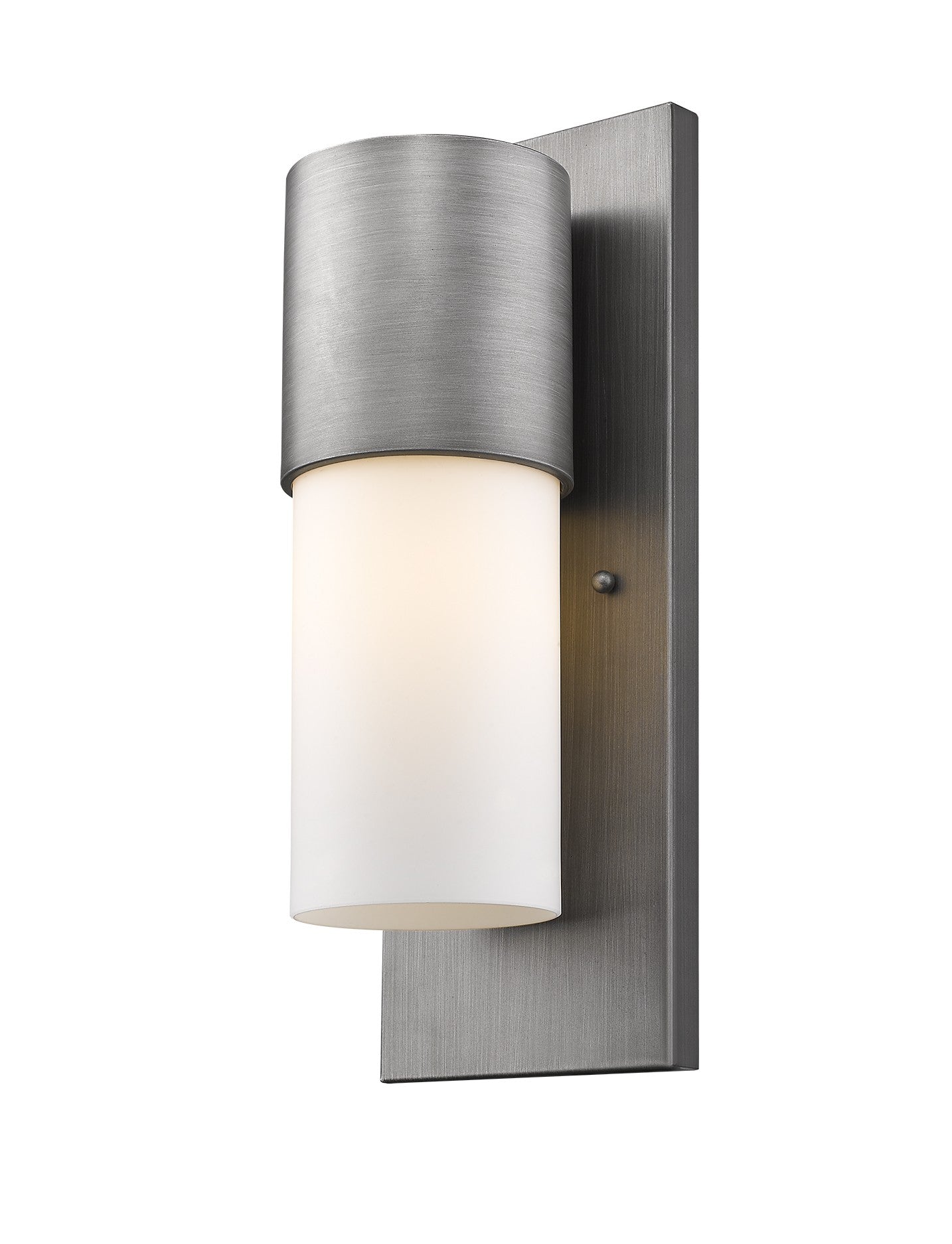 Front and right side angle view of the lighted Contemporary brushed silver and white wall light – modern indoor outdoor cylinder sconce with frosted glass shade