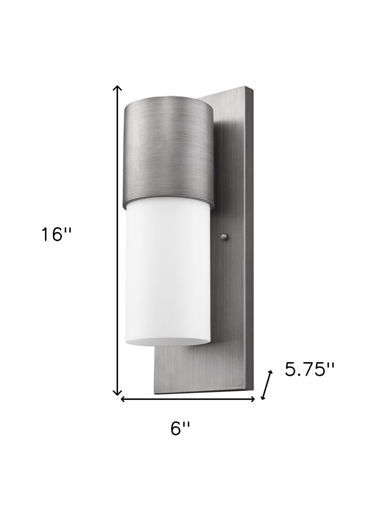 Contemporary brushed silver and white wall light – modern indoor outdoor cylinder sconce with frosted glass shade shown with dimensions of 16 inches high by 6 inches wide by 5 point 75 inches deep