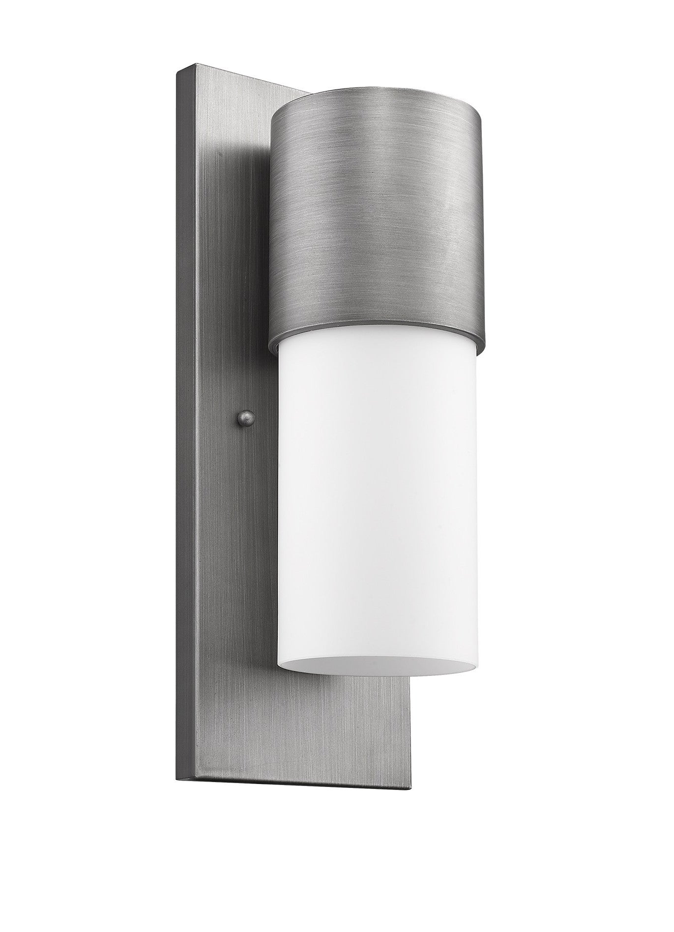 Front and left side angle view of the Contemporary brushed silver and white wall light – modern indoor outdoor cylinder sconce with frosted glass shade