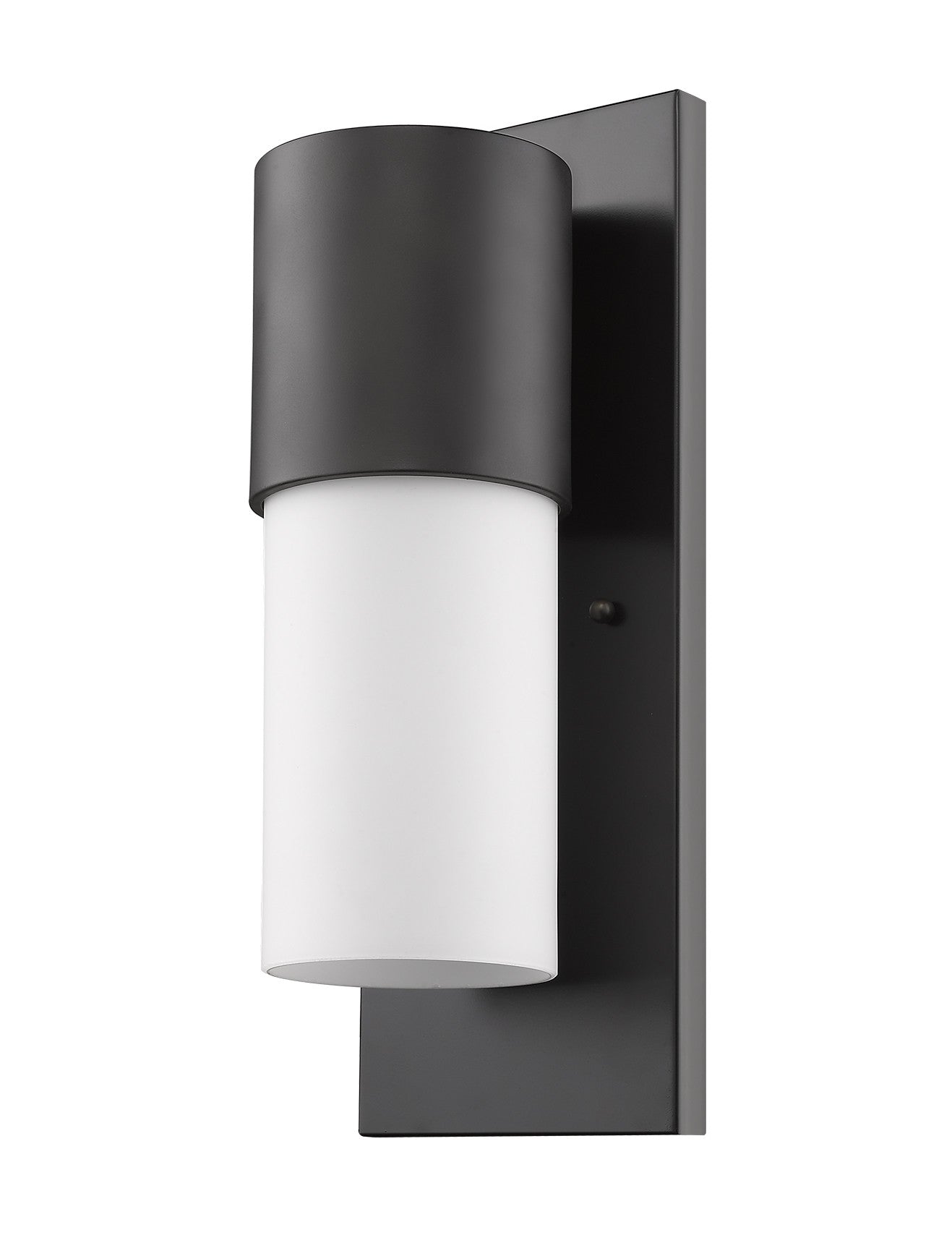 Front and right side angle view of the Contemporary antique bronze and white wall light – modern indoor outdoor cylinder sconce with frosted glass shade