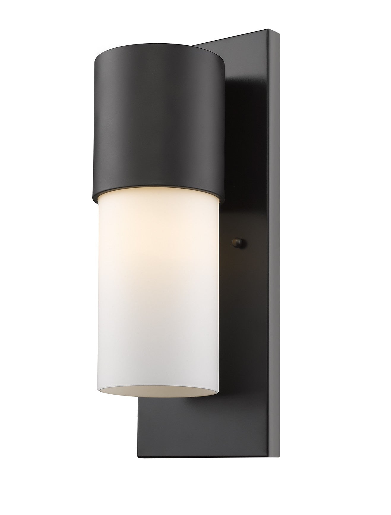 Front and right side angle view of the lighted Contemporary antique bronze and white wall light – modern indoor outdoor cylinder sconce with frosted glass shade