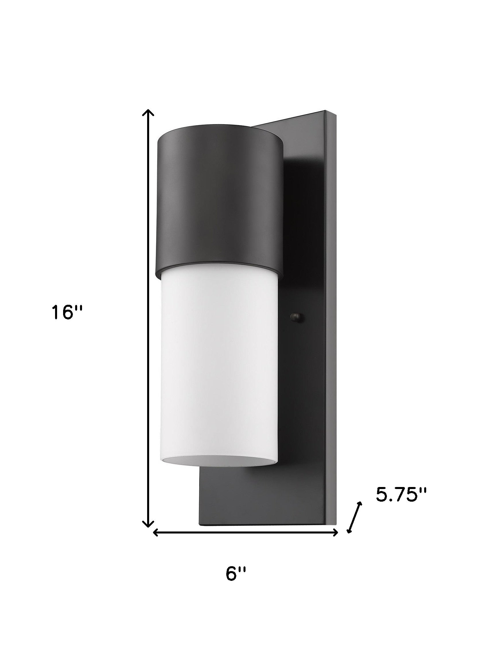 Contemporary antique bronze and white wall light – modern indoor outdoor cylinder sconce with frosted glass shade shown with dimensions of 16 inches high by 6 inches wide by 5 point 75 inches deep