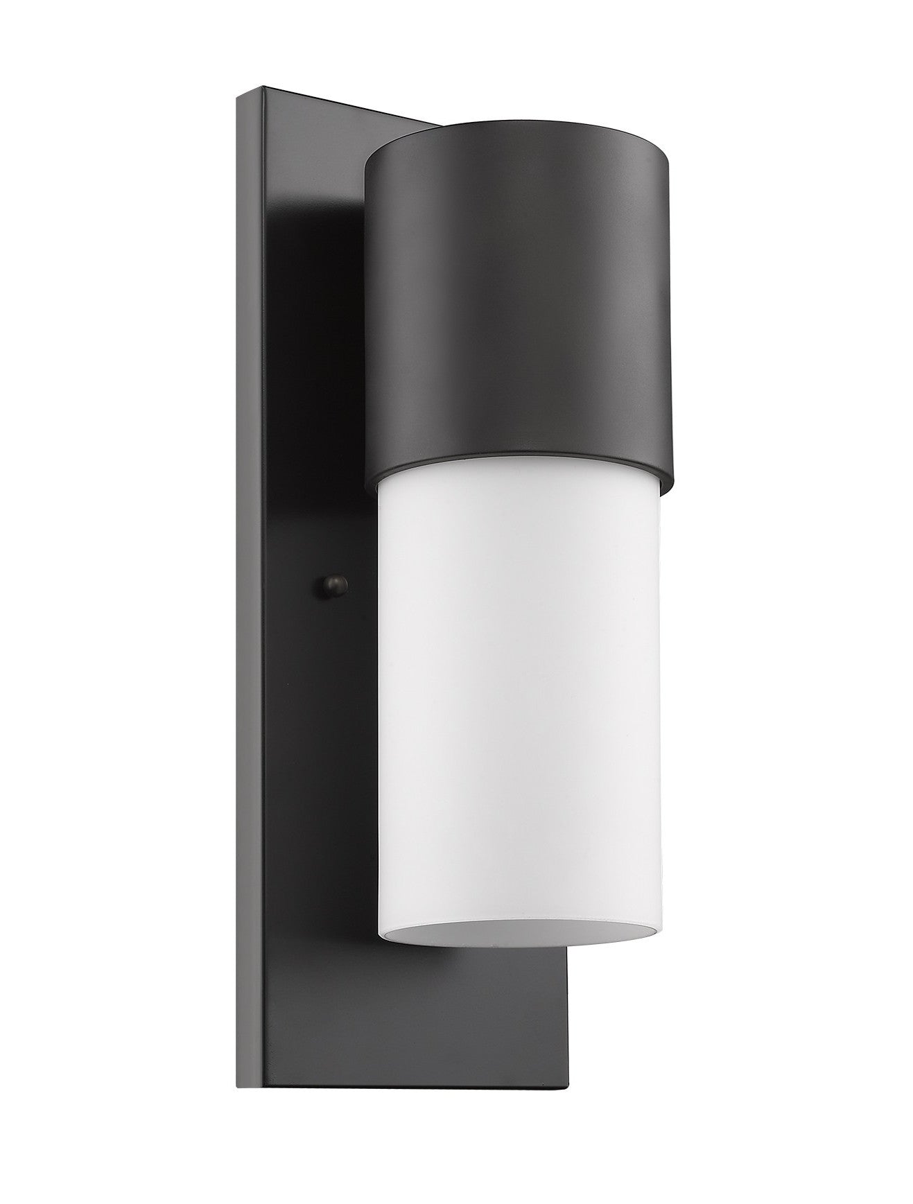 Front and left side angle view of the Contemporary antique bronze and white wall light – modern indoor outdoor cylinder sconce with frosted glass shade