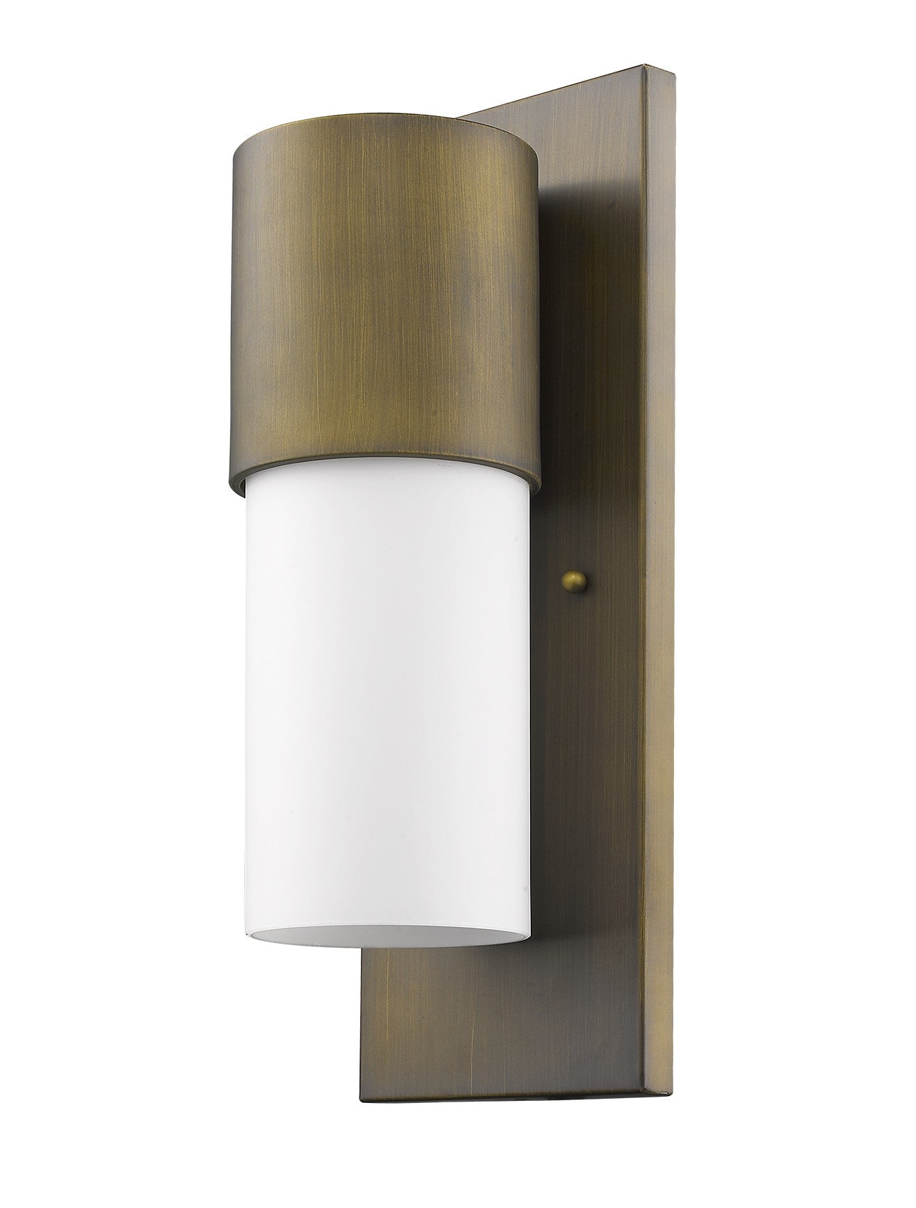 Front and right side angle view of the Contemporary brushed gold and white wall light – modern cylinder indoor outdoor sconce with frosted glass shade