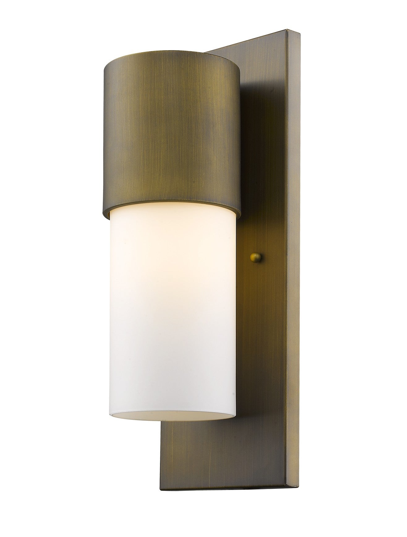 Front and right side angle view of the lighted Contemporary brushed gold and white wall light – modern cylinder indoor outdoor sconce with frosted glass shade