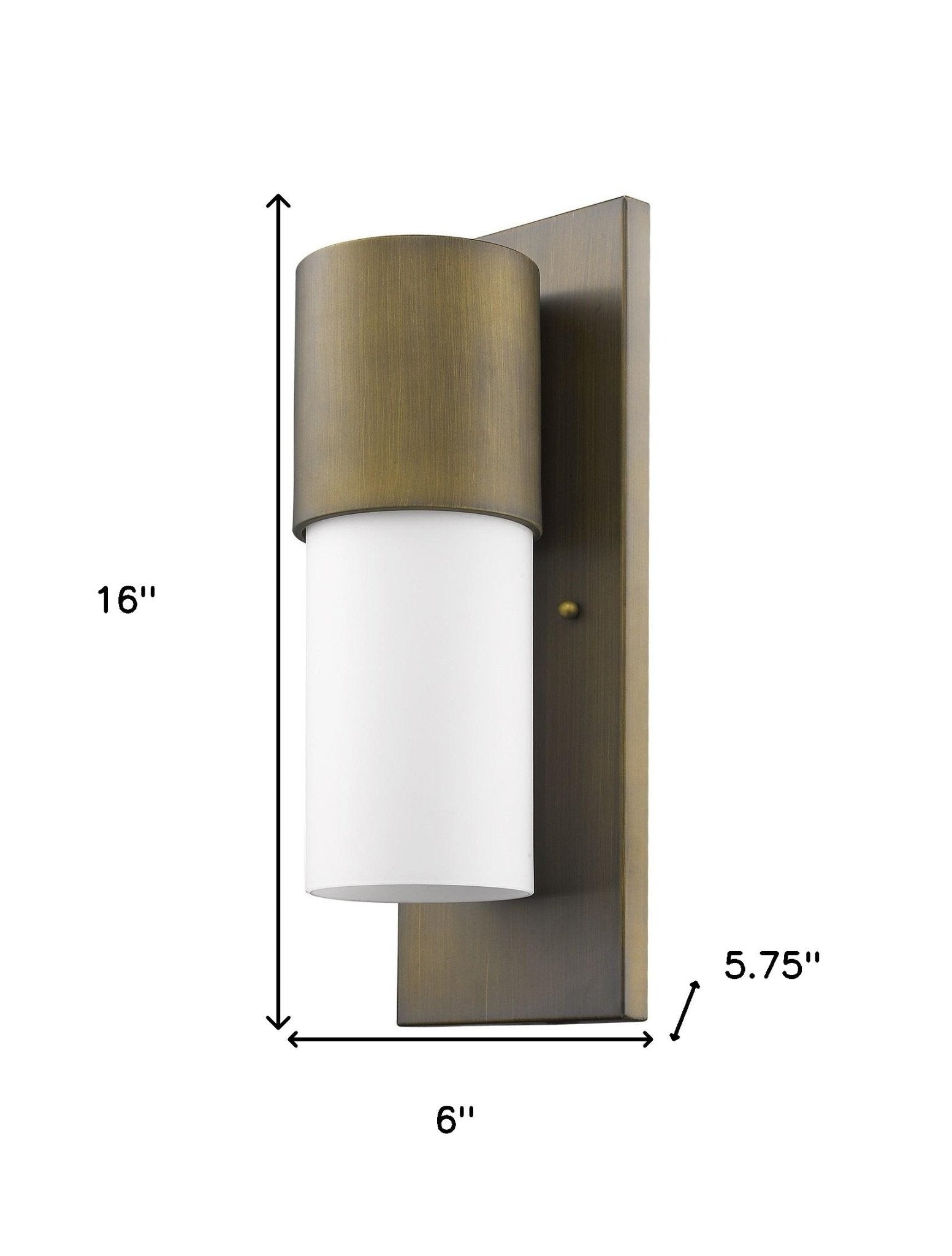 Contemporary brushed gold and white wall light – modern cylinder indoor outdoor sconce with frosted glass shade shown with dimensions of 16 inches high by 6 inches wide by 5 point 75 inches deep