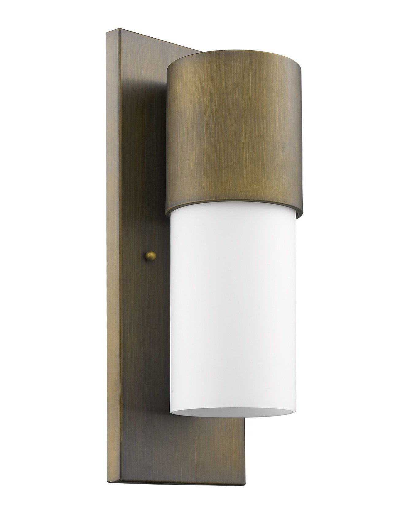 Front and left side angle view of the Contemporary brushed gold and white wall light – modern cylinder indoor outdoor sconce with frosted glass shade