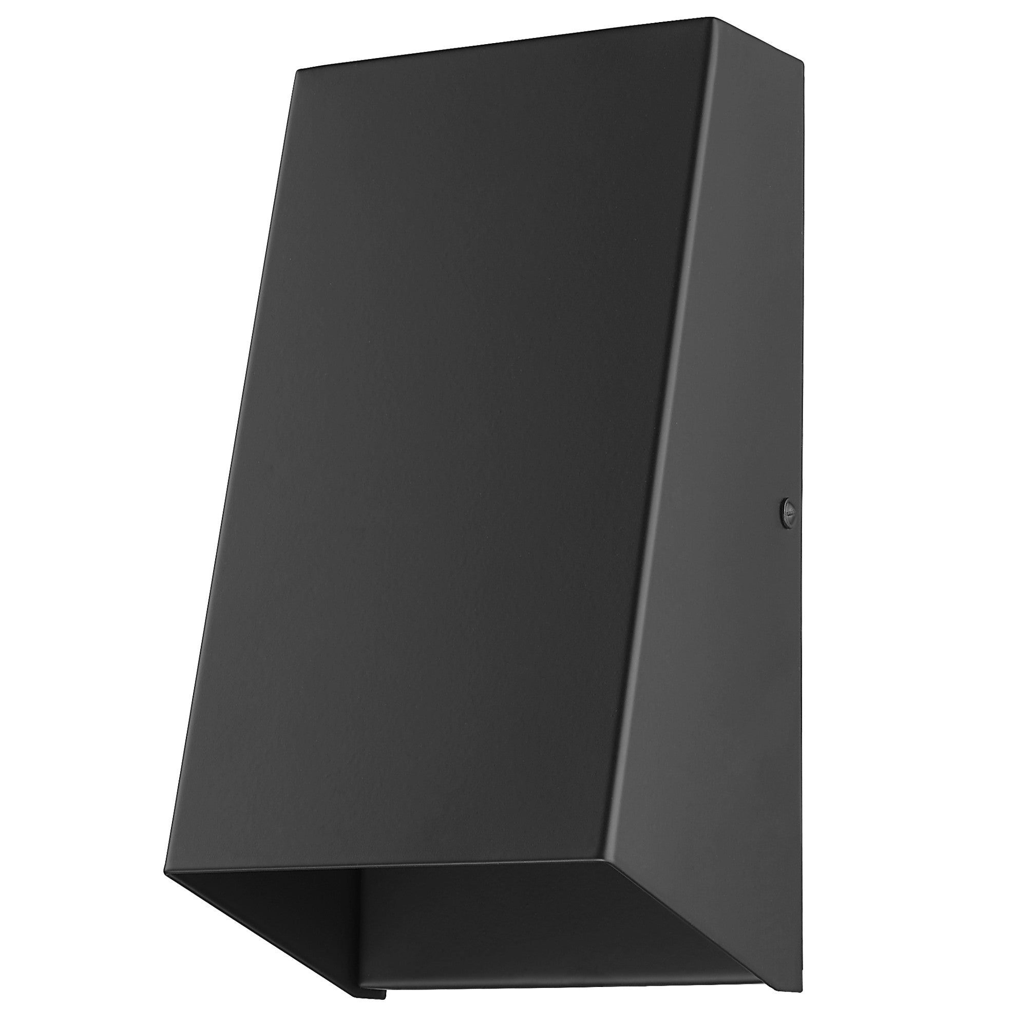 Right front angle view of the Matte Black Geometric Wall Sconce – modern minimalist indoor/outdoor wall light with steel construction and downward illumination