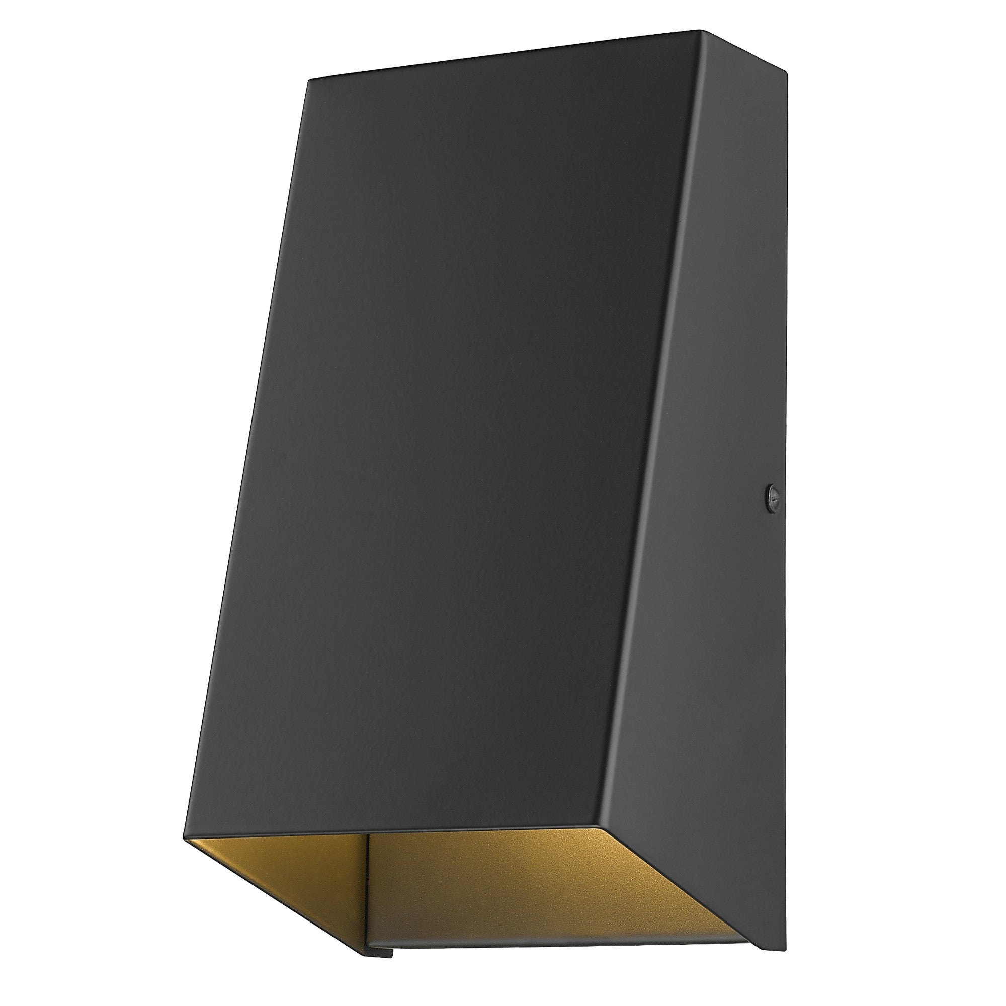 Right front angle view of the lighted Matte Black Geometric Wall Sconce – modern minimalist indoor/outdoor wall light with steel construction and downward illumination