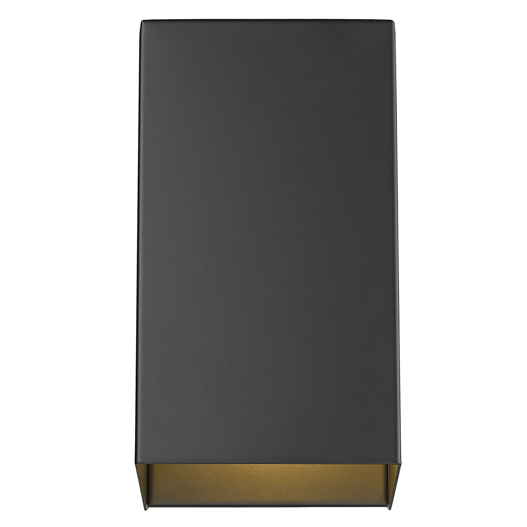 Front view of the lighted Matte Black Geometric Wall Sconce – modern minimalist indoor/outdoor wall light with steel construction and downward illumination