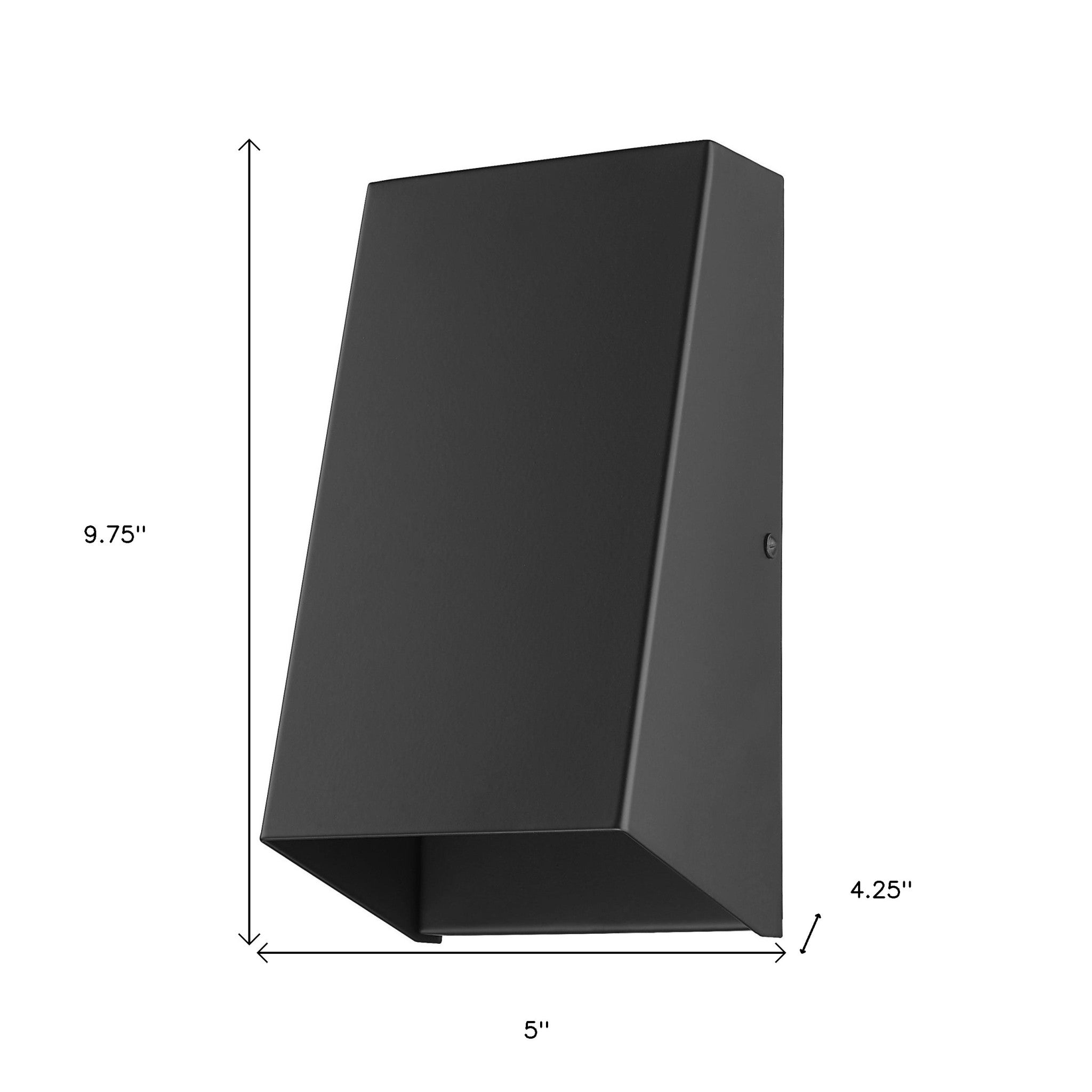 Matte Black Geometric Wall Sconce – modern minimalist indoor/outdoor wall light with steel construction and downward illumination shown with dimensions of 9 point 75 inches high by 5 inches wide by 4 point 25 inches deep