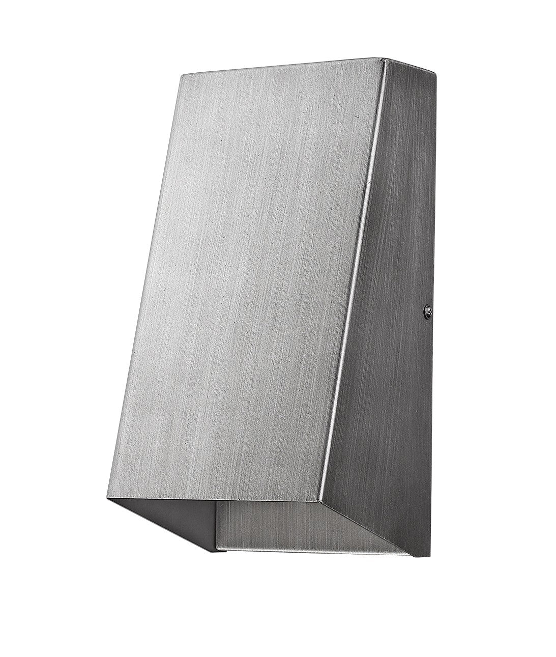 Front right angle view of the Brushed Silver Geometric Wall Sconce – modern minimalist indoor/outdoor wall light with brushed silver finish and downward illumination