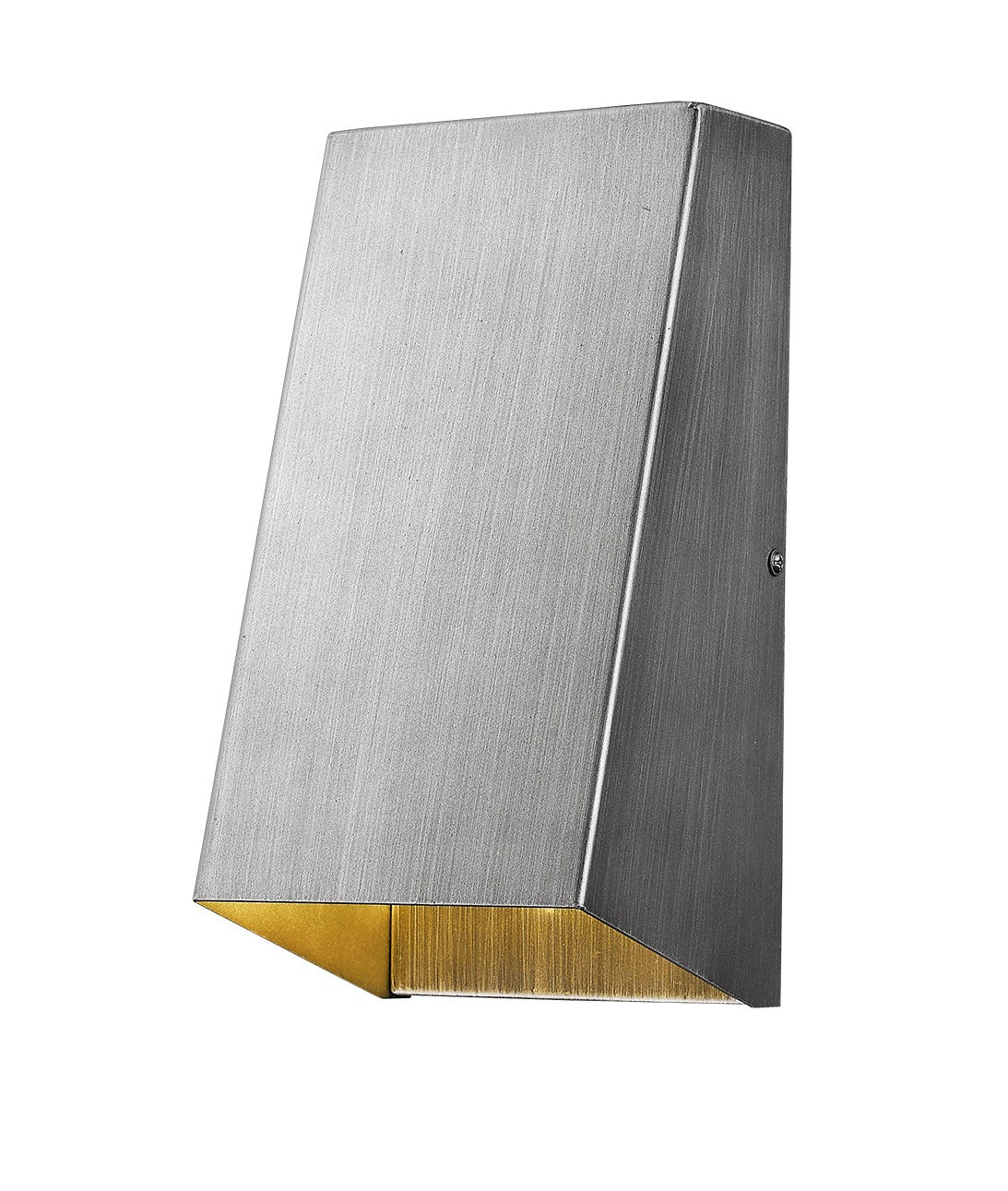 Front right angle view of the lighted Brushed Silver Geometric Wall Sconce – modern minimalist indoor/outdoor wall light with brushed silver finish and downward illumination