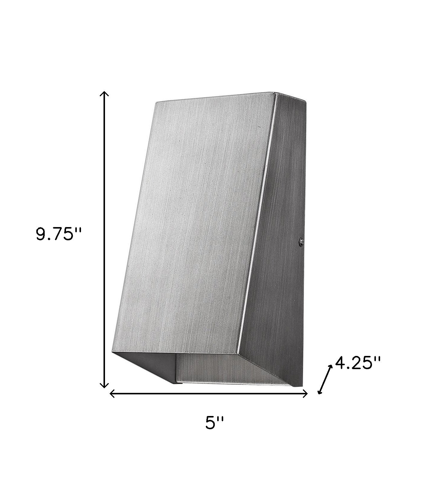 Brushed Silver Geometric Wall Sconce – modern minimalist indoor/outdoor wall light with brushed silver finish and downward illumination shown with dimensions of 9 point 75 inches high by 5 inches wide by 4 point 25 inches deep