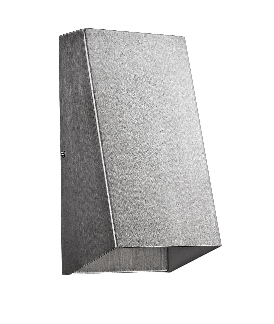 Front left angle view of the Brushed Silver Geometric Wall Sconce – modern minimalist indoor/outdoor wall light with brushed silver finish and downward illumination