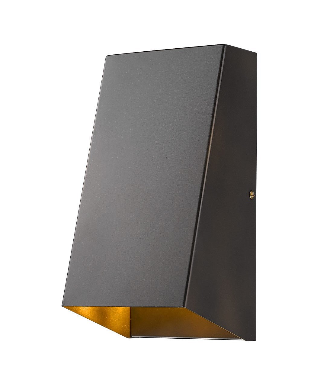 Front right angle view of the lighted Antique Bronze Geometric Wall Sconce – modern minimalist indoor/outdoor wall light with steel construction and weather-resistant finish