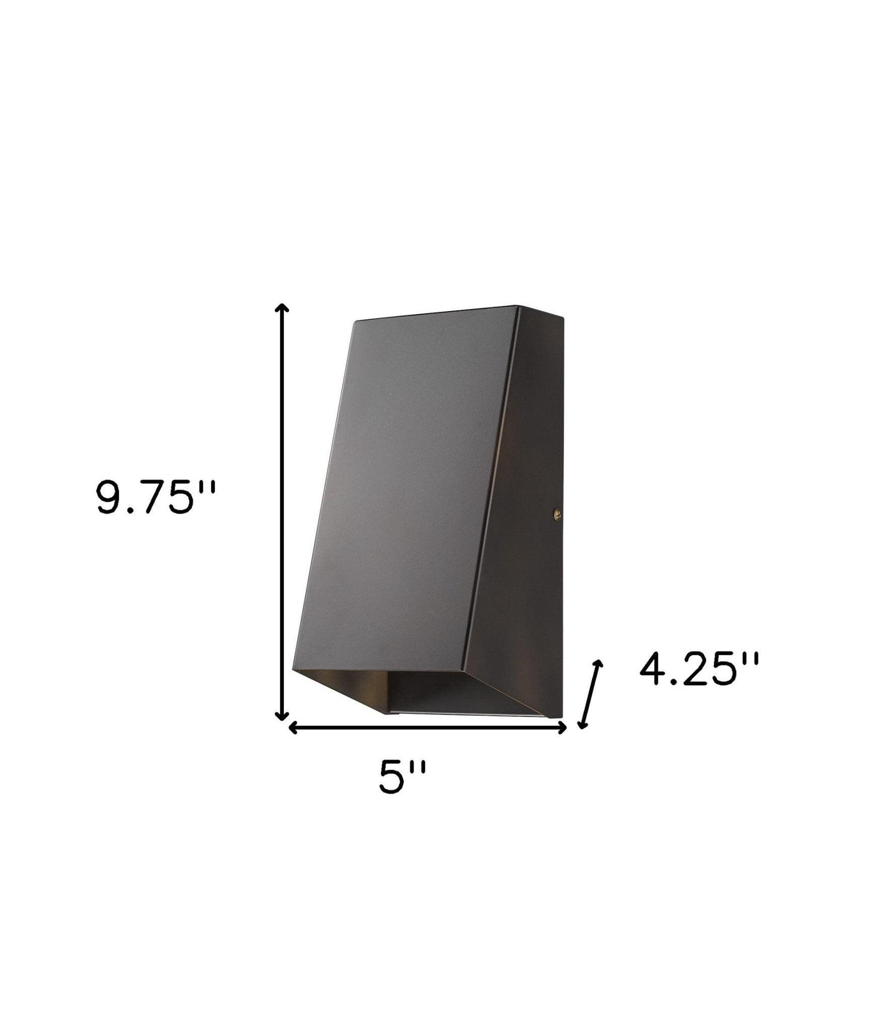 Antique Bronze Geometric Wall Sconce – modern minimalist indoor/outdoor wall light with steel construction and weather-resistant finish shown with dimensions of 9 point 75 inches high by 5 inches wide by 4 point 25 inches deep