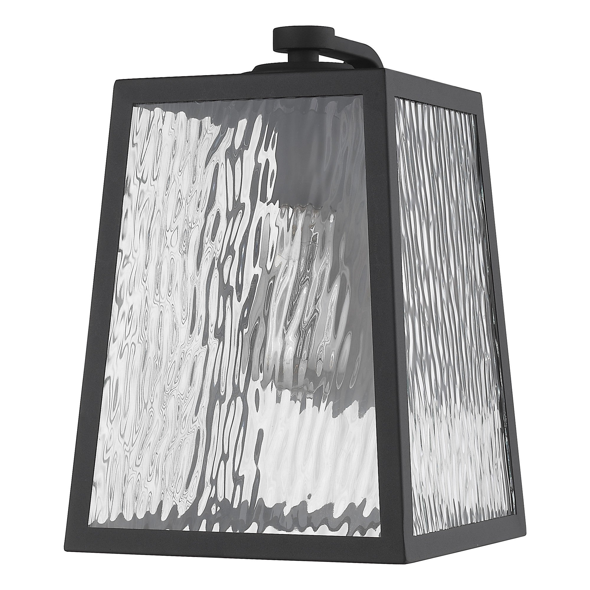 Front right angle view of the Hirche Matte Black Outdoor Wall Light with rippled water glass panels – modern exterior sconce for porches, patios, garages, and entryways