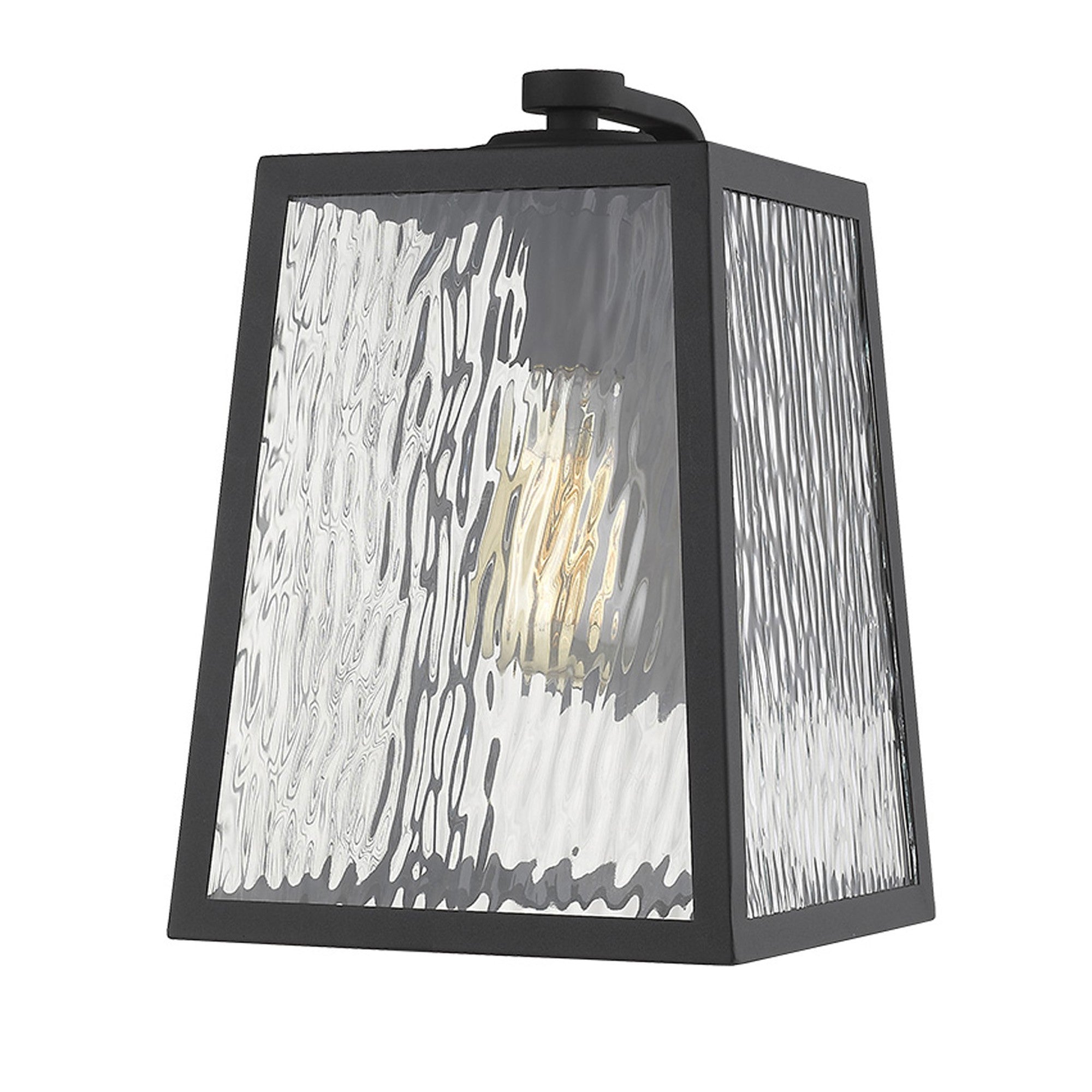 Front right angle view of the lighted Hirche Matte Black Outdoor Wall Light with rippled water glass panels – modern exterior sconce for porches, patios, garages, and entryways
