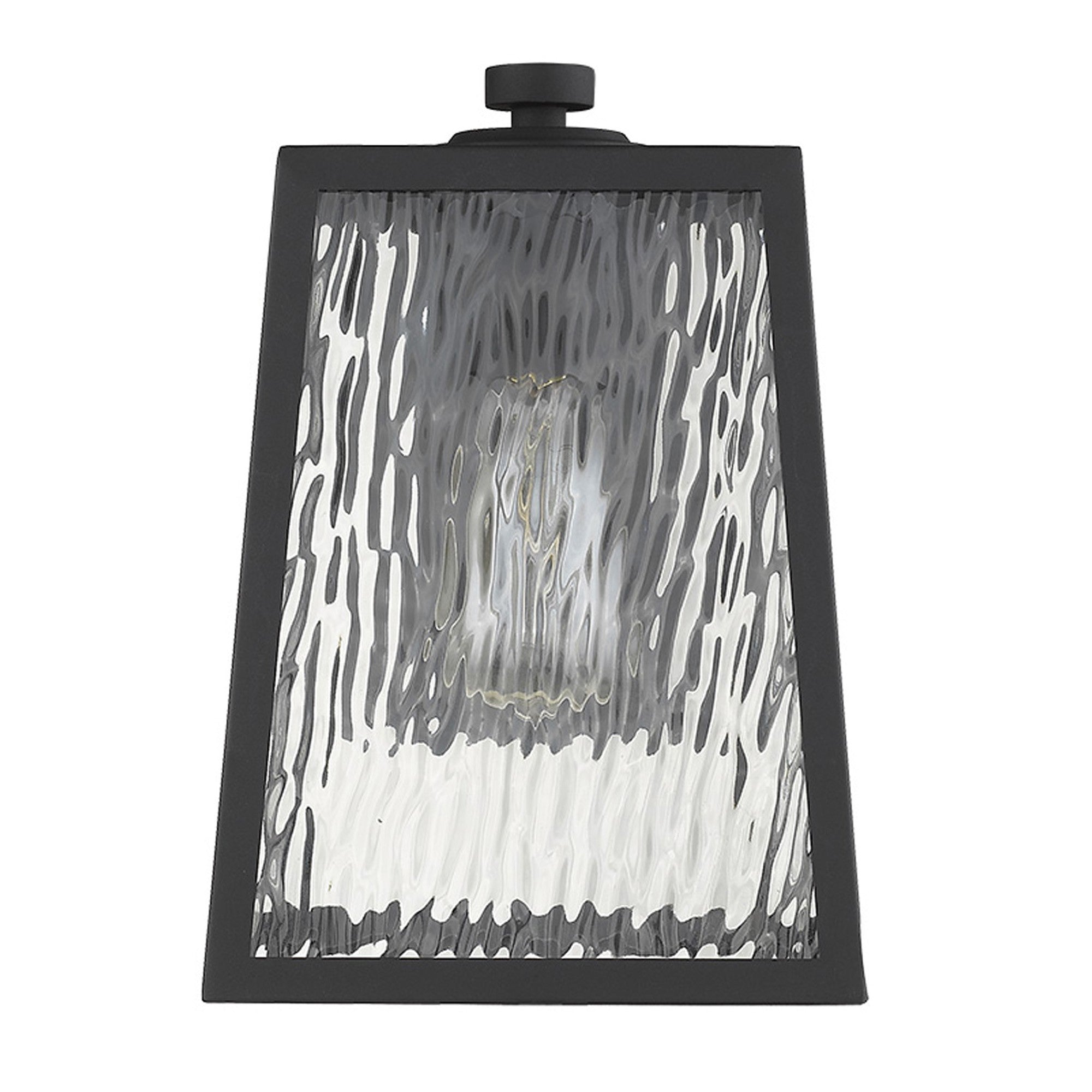 Front view of the Hirche Matte Black Outdoor Wall Light with rippled water glass panels – modern exterior sconce for porches, patios, garages, and entryways
