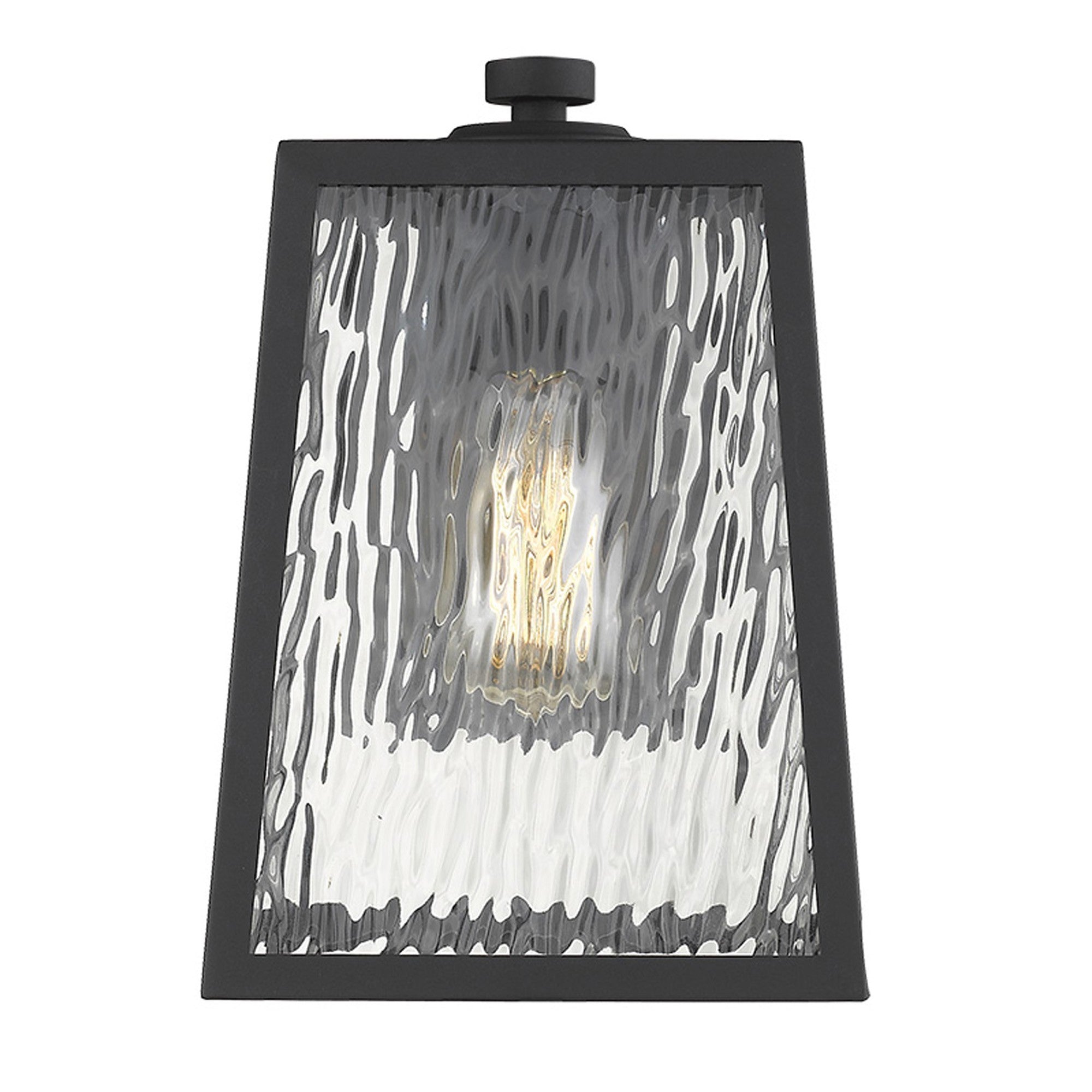 Front view of the lighted Hirche Matte Black Outdoor Wall Light with rippled water glass panels – modern exterior sconce for porches, patios, garages, and entryways