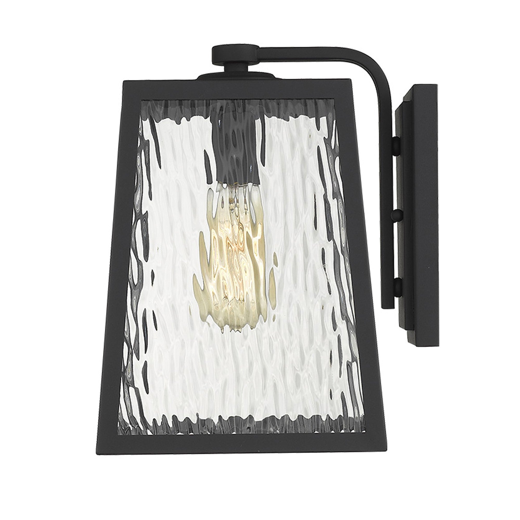 Side view of the lighted Hirche Matte Black Outdoor Wall Light with rippled water glass panels – modern exterior sconce for porches, patios, garages, and entryways