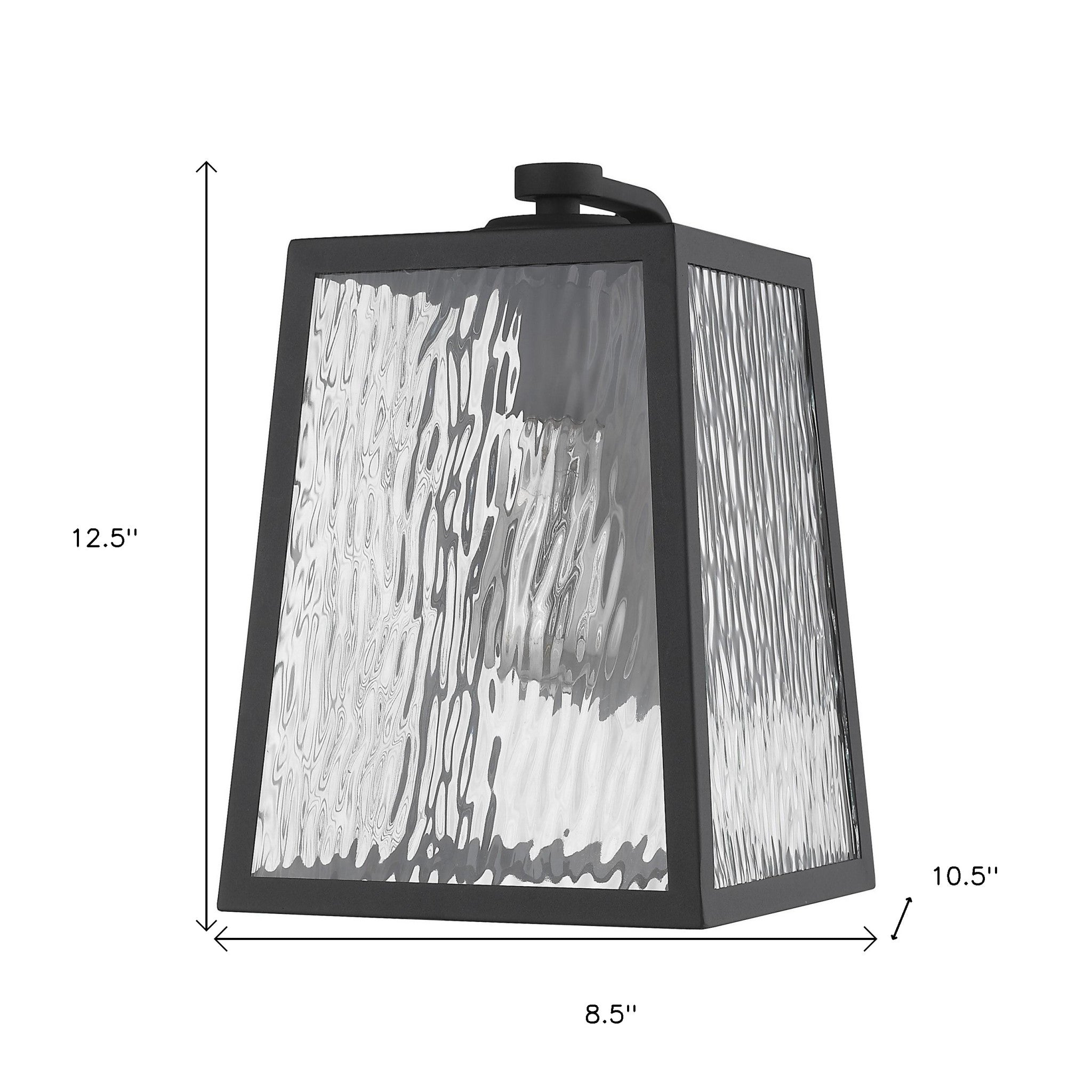 Hirche Matte Black Outdoor Wall Light with rippled water glass panels – modern exterior sconce for porches, patios, garages, and entryways shown with dimensions of 12 point 5 inches high by 8 point 5 inches wide by 10 point 5 inches deep