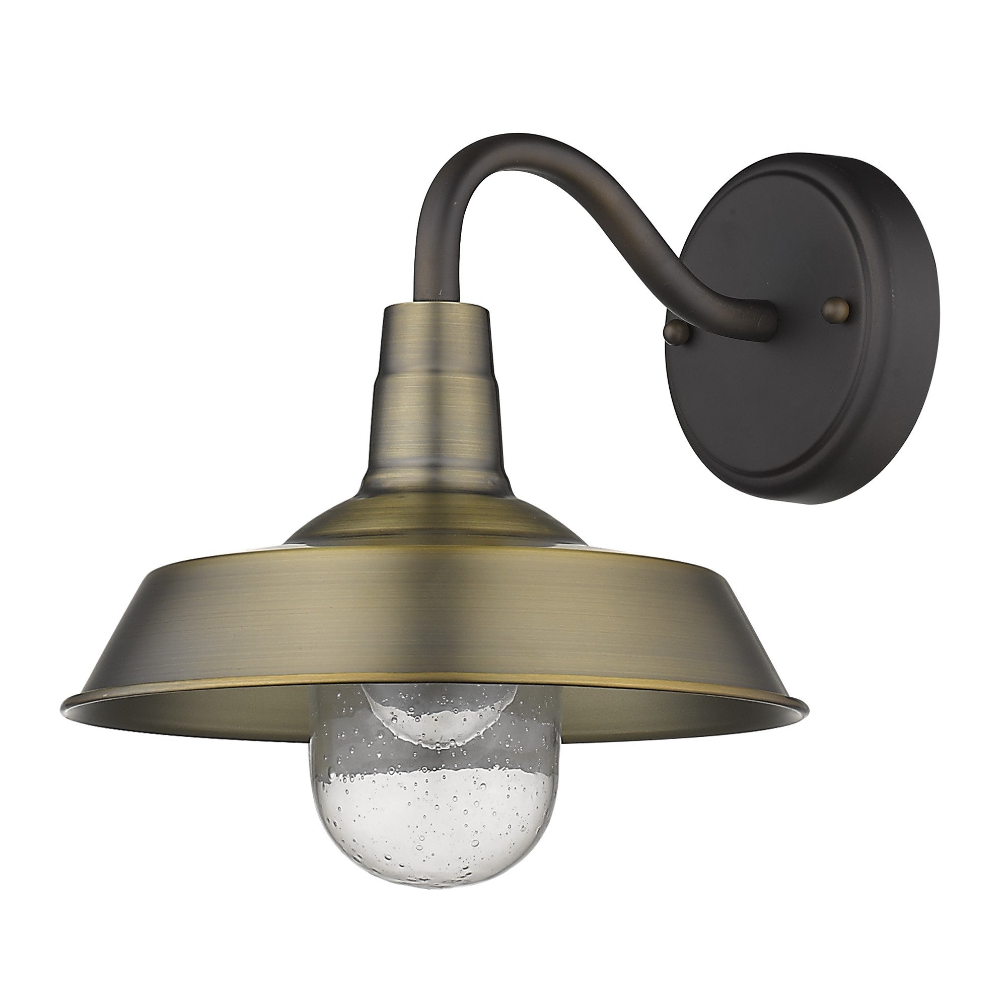 Front right angled view of the Brushed Gold Shallow Plate Wall Light with gooseneck arm and seeded glass globe – farmhouse outdoor sconce for porches, entryways, and interiors.