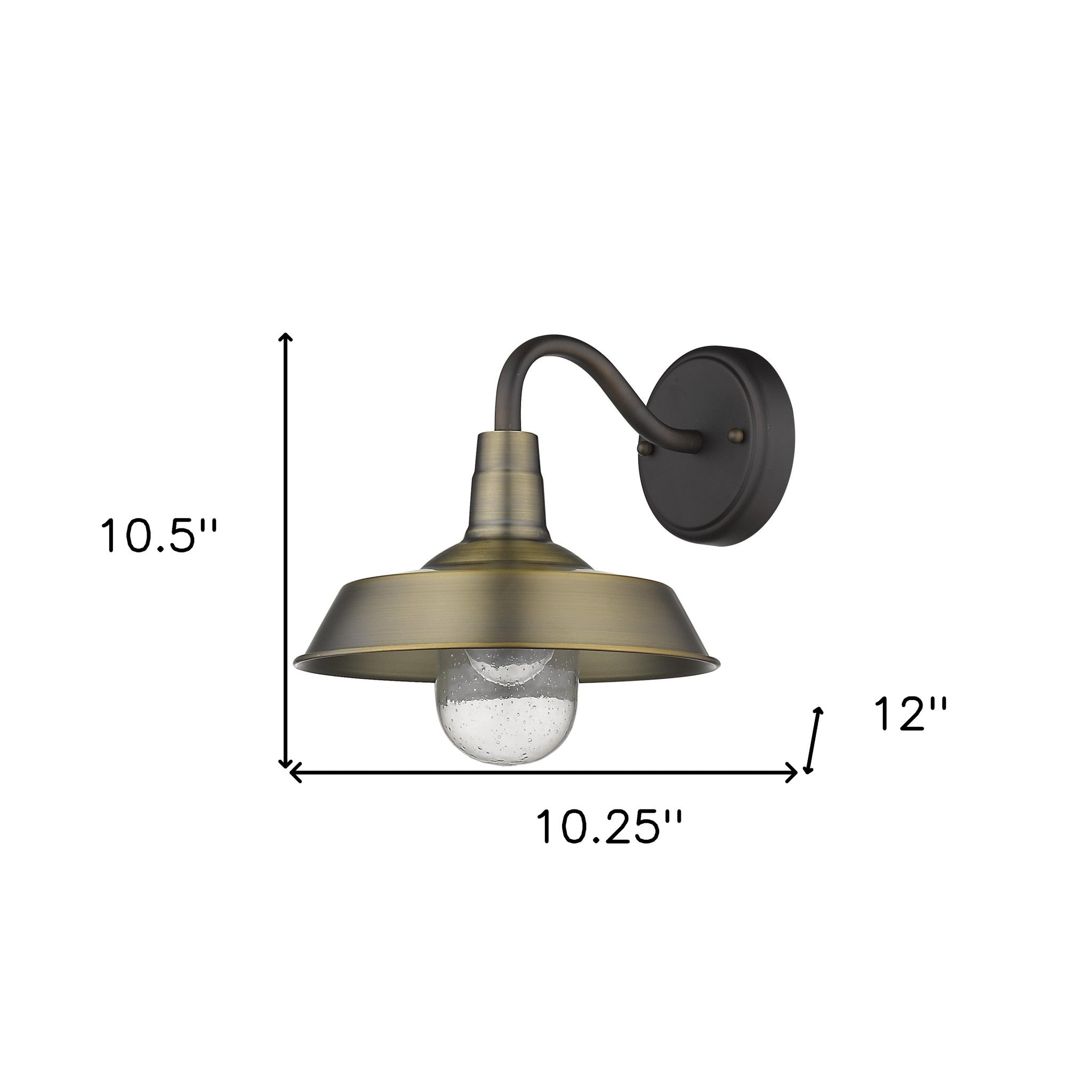 Brushed Gold Shallow Plate Wall Light with gooseneck arm and seeded glass globe – farmhouse outdoor sconce for porches, entryways, and interiors shown with dimensions of 10 point 5 inches high by 10 point 25 inches wide by 12 inches deep