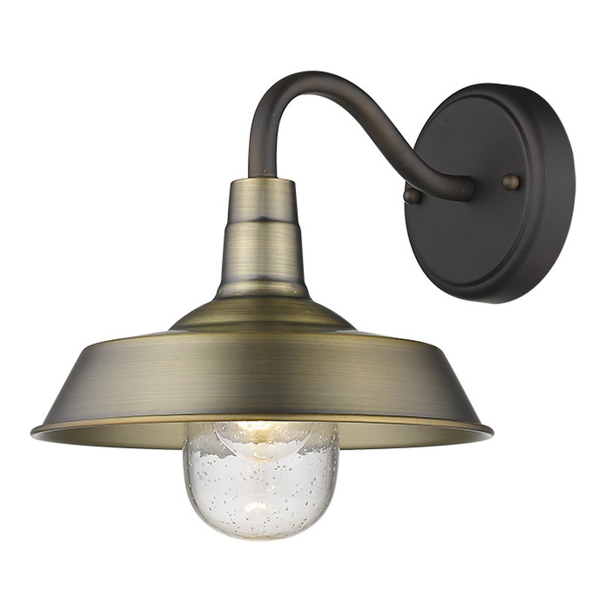 Front right angled view of the lighted Brushed Gold Shallow Plate Wall Light with gooseneck arm and seeded glass globe – farmhouse outdoor sconce for porches, entryways, and interiors.