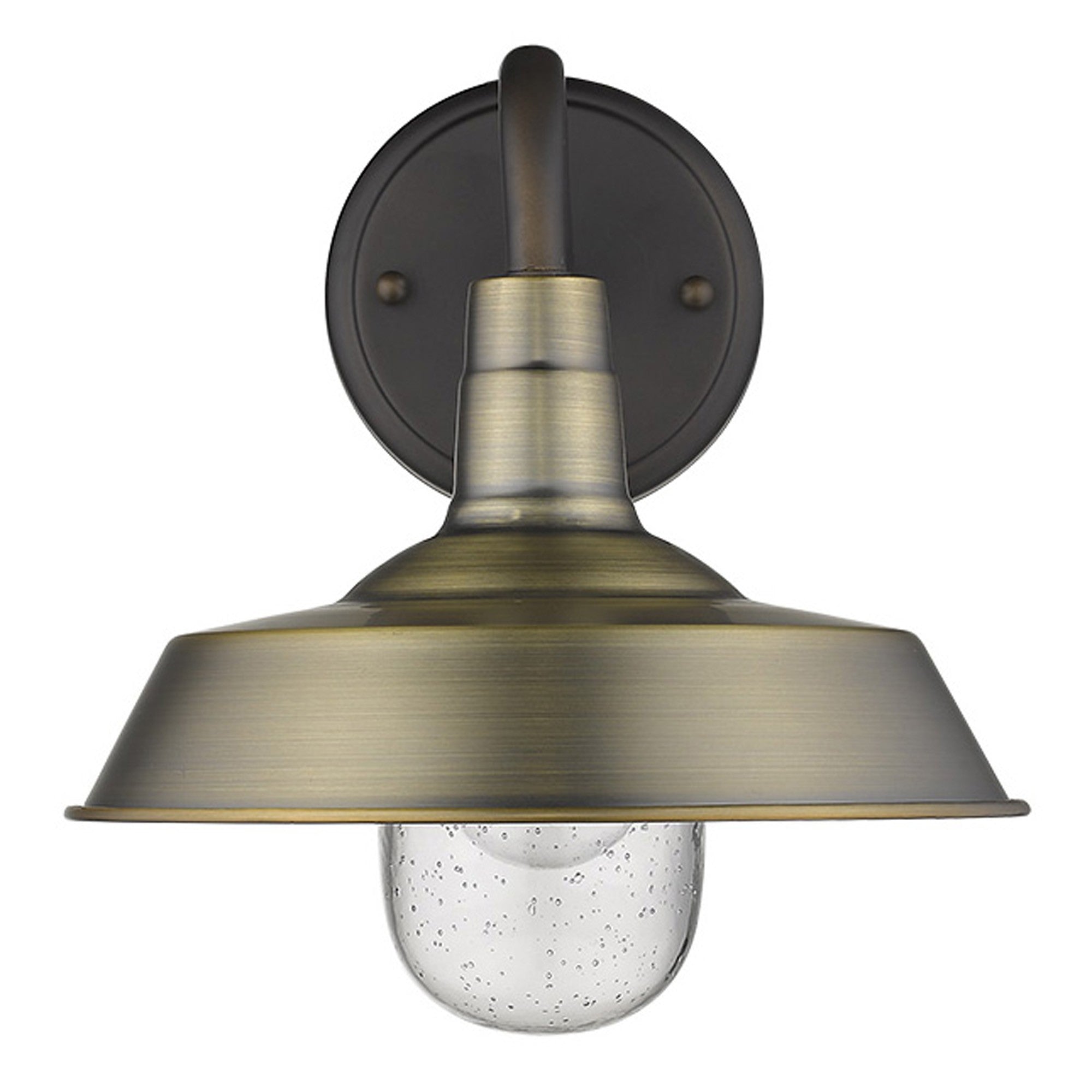 Front view of the Brushed Gold Shallow Plate Wall Light with gooseneck arm and seeded glass globe – farmhouse outdoor sconce for porches, entryways, and interiors.
