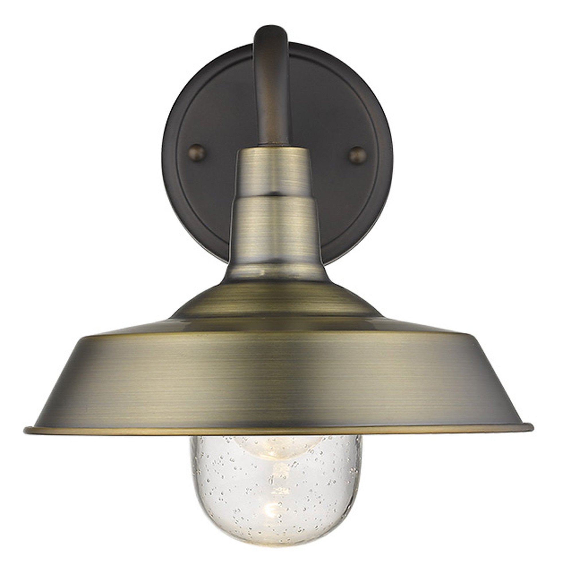 Front view of the lighted Brushed Gold Shallow Plate Wall Light with gooseneck arm and seeded glass globe – farmhouse outdoor sconce for porches, entryways, and interiors.