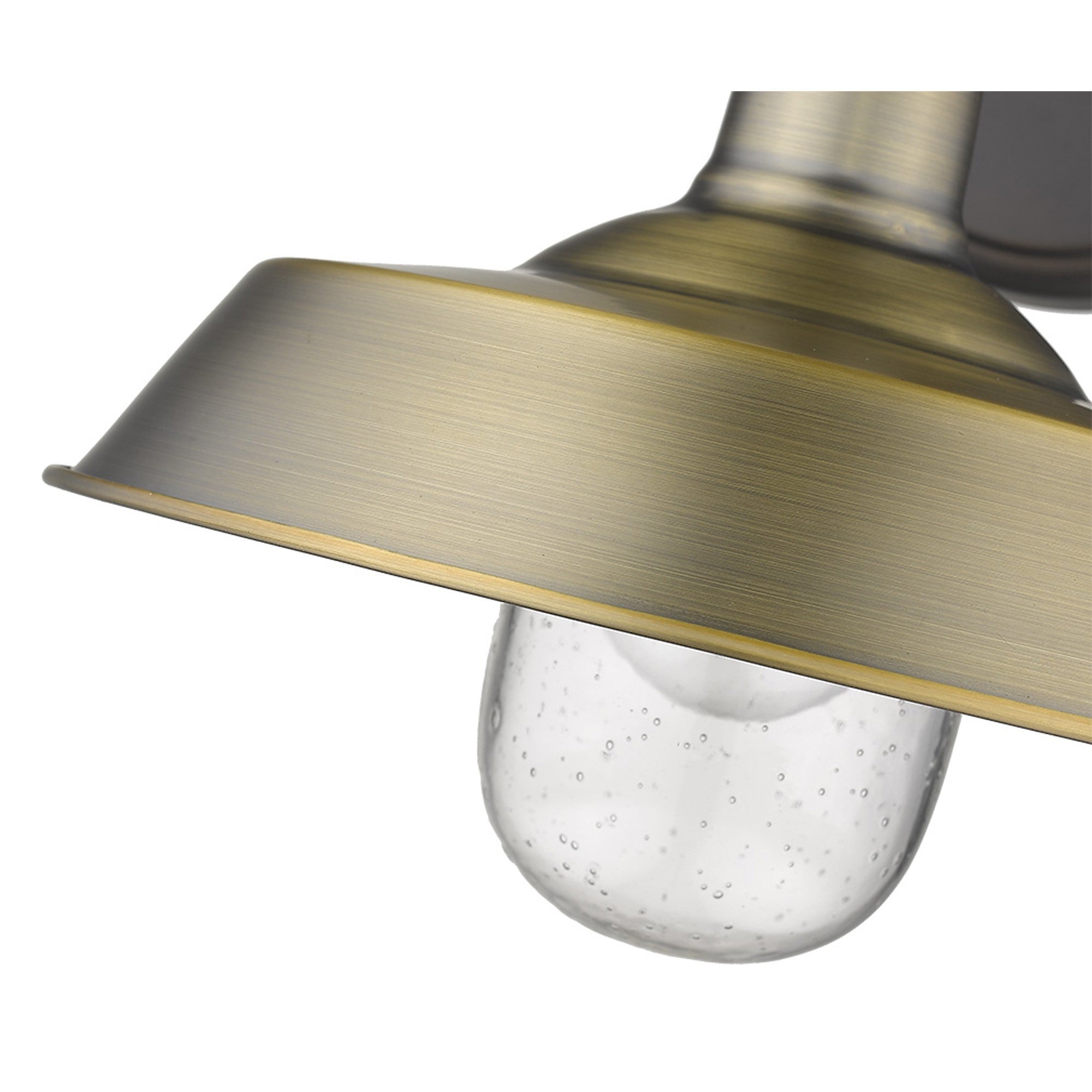 Zoomed in view of the shade and glass globe of the Brushed Gold Shallow Plate Wall Light with gooseneck arm and seeded glass globe – farmhouse outdoor sconce for porches, entryways, and interiors.