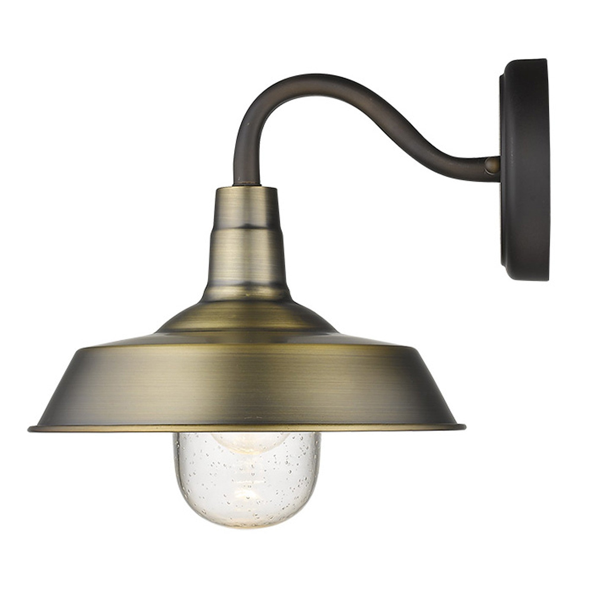 Side view of the lighted Brushed Gold Shallow Plate Wall Light with gooseneck arm and seeded glass globe – farmhouse outdoor sconce for porches, entryways, and interiors.