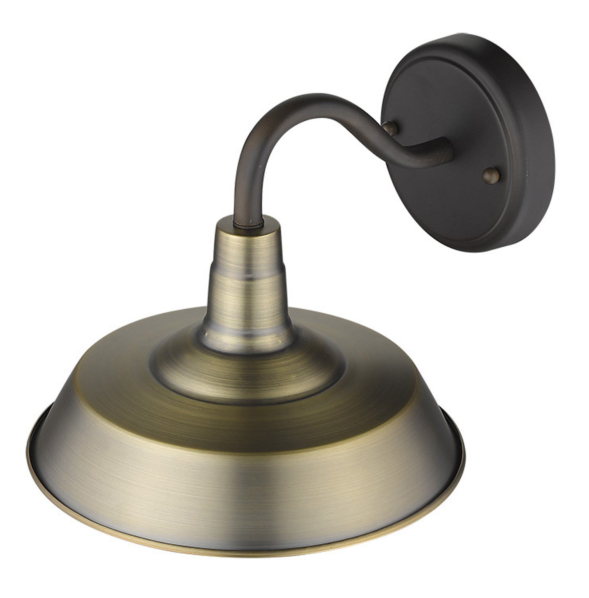 Top down angled view of the Brushed Gold Shallow Plate Wall Light with gooseneck arm and seeded glass globe – farmhouse outdoor sconce for porches, entryways, and interiors.
